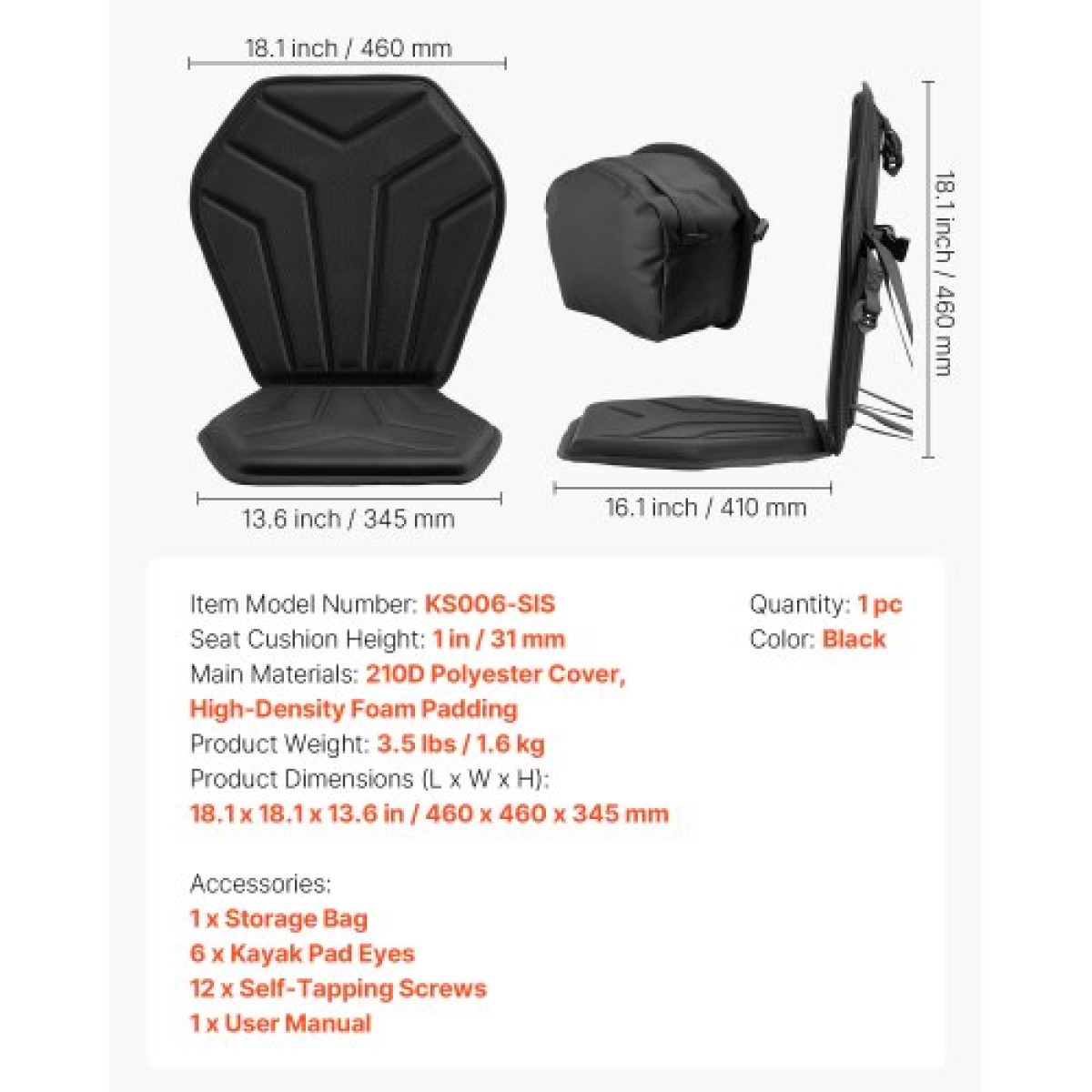 Κάθισμα VEVOR Kayak, 1 πακέτο πάχους 31 χλστ., Universal Paddle Board με στήριγμα πλάτης, Εξαγωνικό μαλακό μαξιλάρι με επένδυση με τσάντα αποθήκευσης & ρυθμιζόμενους ιμάντες για SUP, ψάρεμα/φουσκωτό καγιάκ
