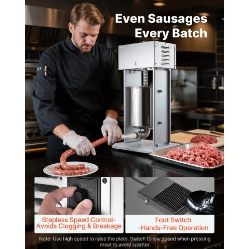 VEVOR Electric Sausage Stuffer, 22 LBS / 10 L Vertical Meat Filler with Stepless Speed ​​Adjustration, Ανοξείδωτη Μηχανή Γέμισης Λουκάνικων, Πεντάλ ποδιού & 4 Σωλήνες Γέμισης, για Εμπορική και Οικιακή χρήση
