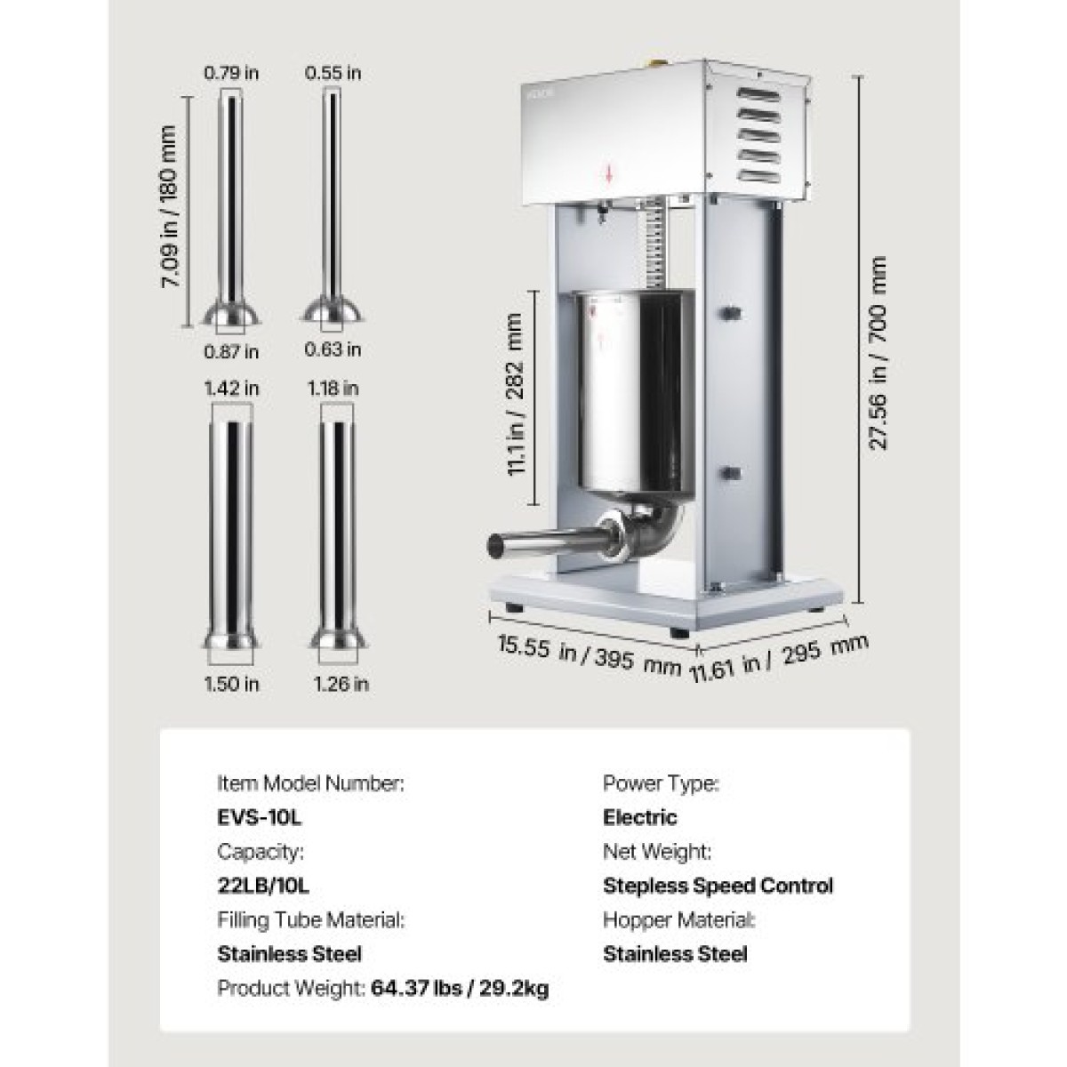 VEVOR Electric Sausage Stuffer, 22 LBS / 10 L Vertical Meat Filler with Stepless Speed ​​Adjustration, Ανοξείδωτη Μηχανή Γέμισης Λουκάνικων, Πεντάλ ποδιού & 4 Σωλήνες Γέμισης, για Εμπορική και Οικιακή χρήση