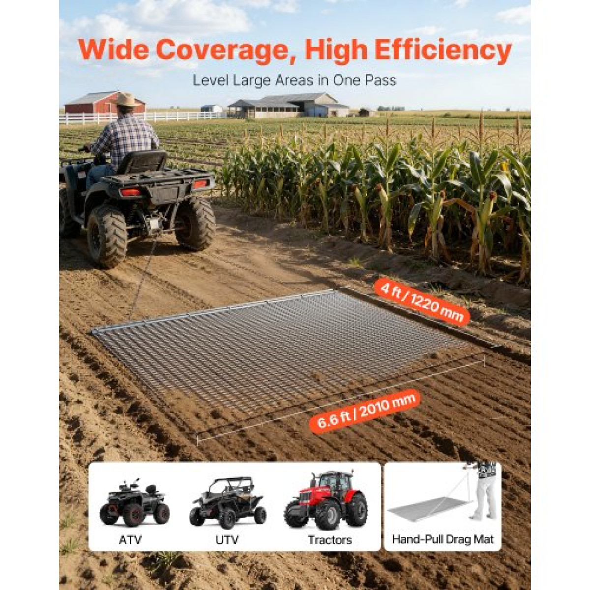 VEVOR Drag Harrow, 2 x 1,2 m, Τσουγκράνα με αλυσίδα υψηλής απόδοσης, ATVs UTVs Tractors Attachments, ανθεκτικό γαλβανισμένο χαλύβδινο πλέγμα έλξης με αλυσίδα ρυμούλκησης, για ισοπέδωση αγροτεμαχίου από χαλίκι Driveway Ruts