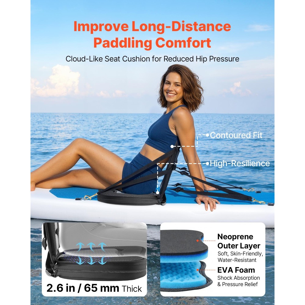 Κάθισμα VEVOR Kayak, 1 πακέτο πάχους 65 χλστ., Universal Paddle Board με στήριγμα πλάτης, μαλακό μαξιλάρι με επένδυση με τσάντα αποθήκευσης & ρυθμιζόμενους ιμάντες για SUP, κανό, ψαρόβαρκα, φουσκωτό καγιάκ
