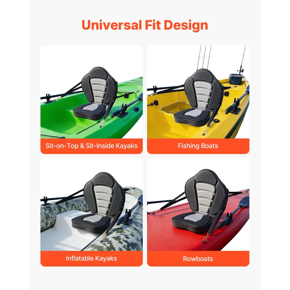 Κάθισμα VEVOR Kayak, 1 πακέτο πάχους 65 χλστ., Universal Paddle Board με στήριγμα πλάτης, μαλακό μαξιλάρι με επένδυση με τσάντα αποθήκευσης & ρυθμιζόμενους ιμάντες για SUP, κανό, ψαρόβαρκα, φουσκωτό καγιάκ