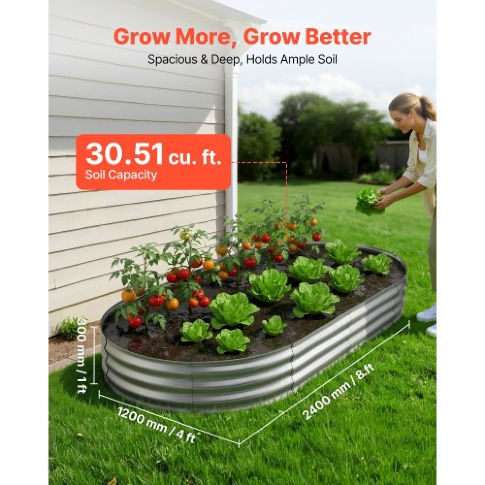 VEVOR Galvanized Raised Garden Bed, 240 x 120 x 30 cm, Oval Metal Planter Box Kit Outdoor, Bottomless Elevated Garden Box with Gloves, Rustproof Alu-Zinc, for Planting Flowers Fruits Vegetable, Silver