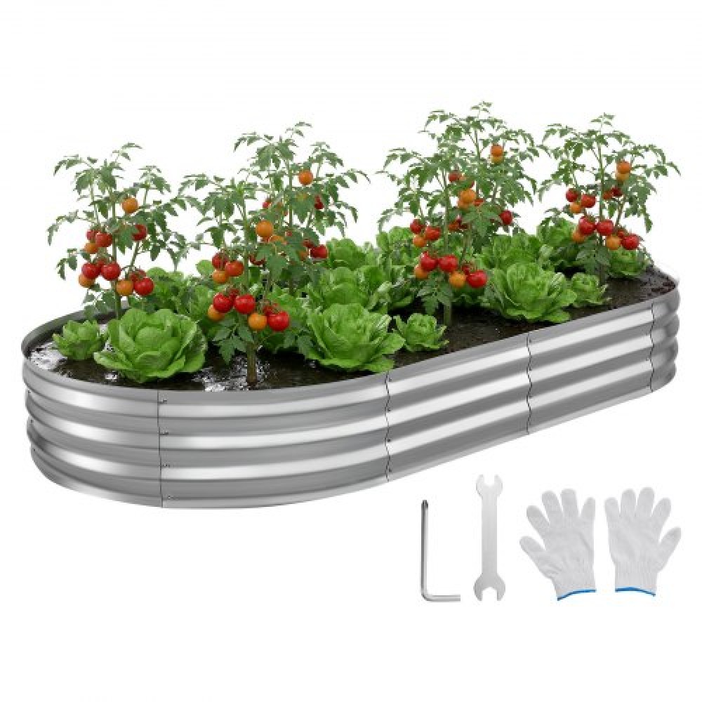 VEVOR Galvanized Raised Garden Bed, 240 x 120 x 30 cm, Oval Metal Planter Box Kit Outdoor, Bottomless Elevated Garden Box with Gloves, Rustproof Alu-Zinc, for Planting Flowers Fruits Vegetable, Silver