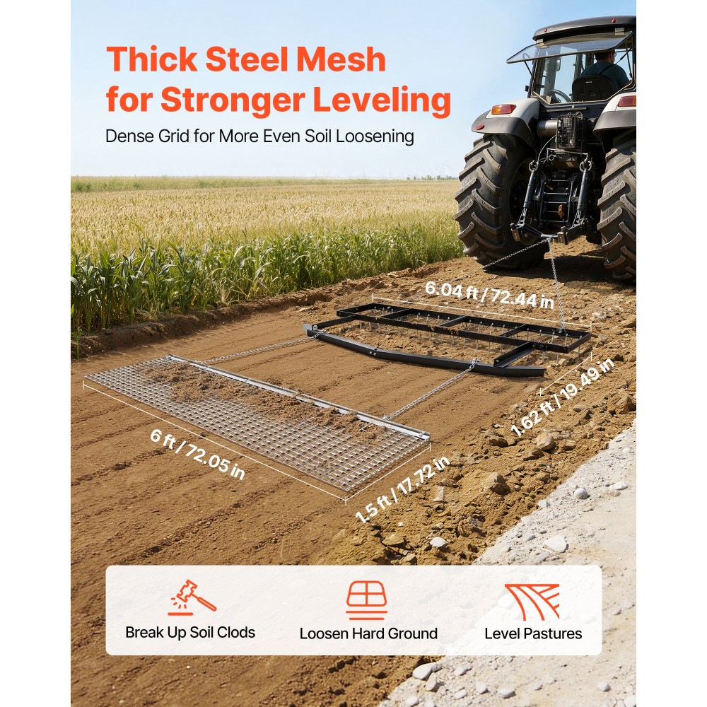 VEVOR Drag Harrow, 6 ft Tow-Behind Grader με αλυσιδωτή σβάρνα, ρυθμιζόμενο πλάτος και χωρητικότητα φόρτωσης 80 lbs, βαρέως τύπου τσουγκράνα ισοπέδωσης χλοοτάπητα, Ταιριάζει σε τρακτέρ UTV για ATV, για χωράφι με χαλίκι