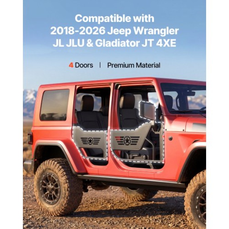 VEVOR Jeep Tube Doors, 4 Door, Συμβατές με Jeep Wrangler JL JLU & Gladiator JT 4XE 2018-2026, Ατσάλινες μισές σωληνοειδείς πόρτες εκτός δρόμου με πλευρική όψη και λαστιχένια μαξιλαράκια με πιστοποίηση DOT