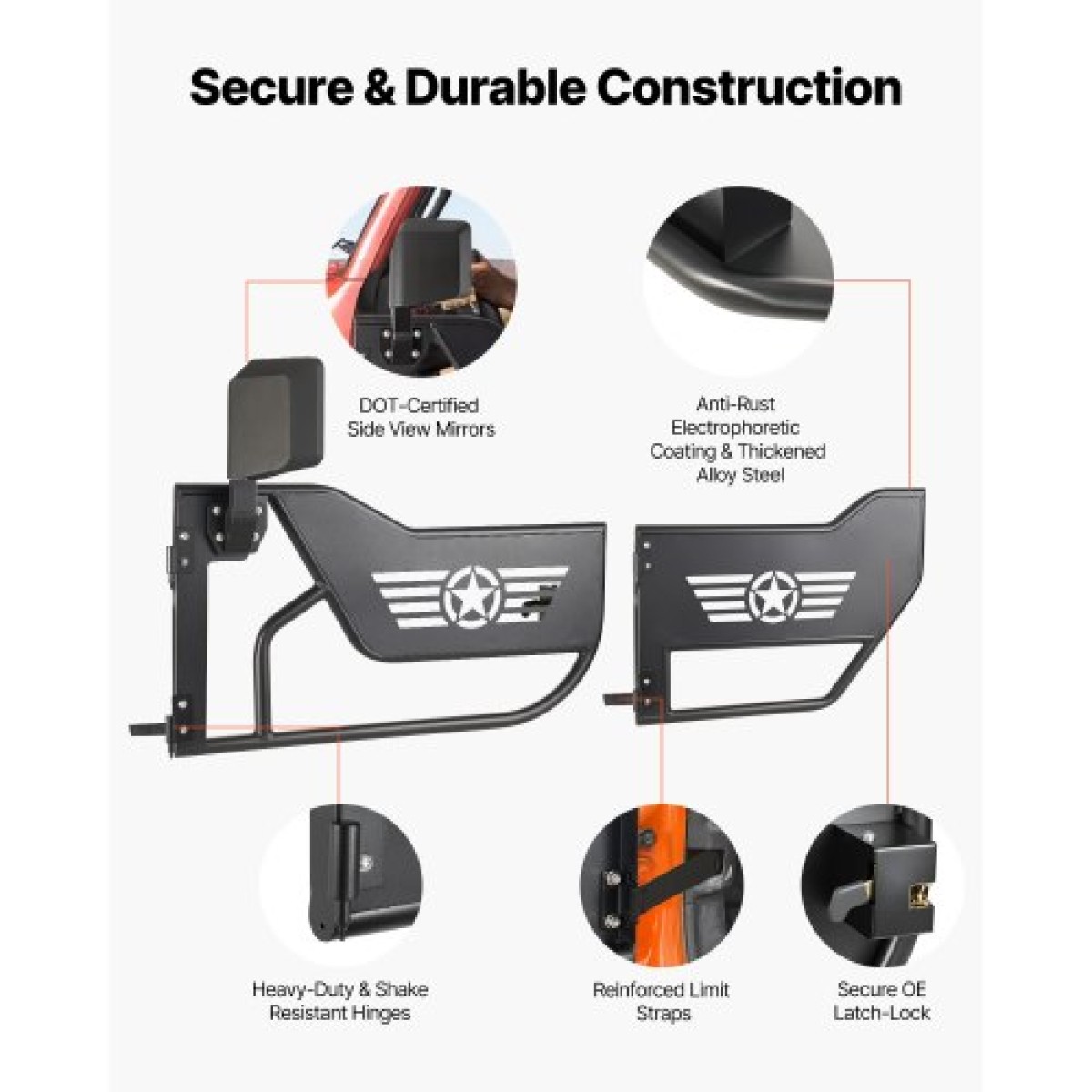 VEVOR Jeep Tube Doors, 4 Door, Συμβατές με Jeep Wrangler JL JLU & Gladiator JT 4XE 2018-2026, Ατσάλινες μισές σωληνοειδείς πόρτες εκτός δρόμου με πλευρική όψη και λαστιχένια μαξιλαράκια με πιστοποίηση DOT
