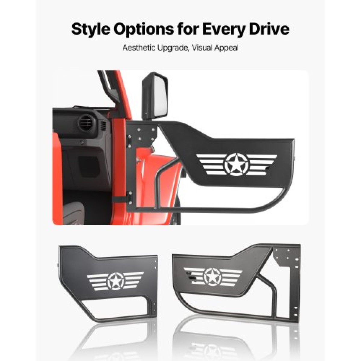 VEVOR Jeep Tube Doors, 4 Door, Συμβατές με Jeep Wrangler JL JLU & Gladiator JT 4XE 2018-2026, Ατσάλινες μισές σωληνοειδείς πόρτες εκτός δρόμου με πλευρική όψη και λαστιχένια μαξιλαράκια με πιστοποίηση DOT