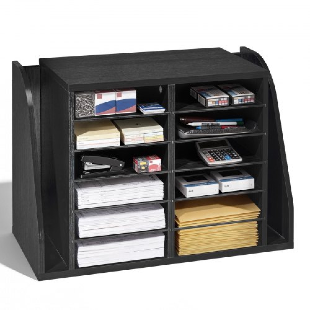 VEVOR Literature Organizer, γραμματοκιβώτιο γραφείου 12 θέσεων με πλευρική κάθετη αποθήκευση, Ξύλινος ταξινομητής γραμματοκιβωτίου από μοριοσανίδες, πάγκος γραφείου Home Organizer για αρχείο, έγγραφο, χαρτί, μαύρο