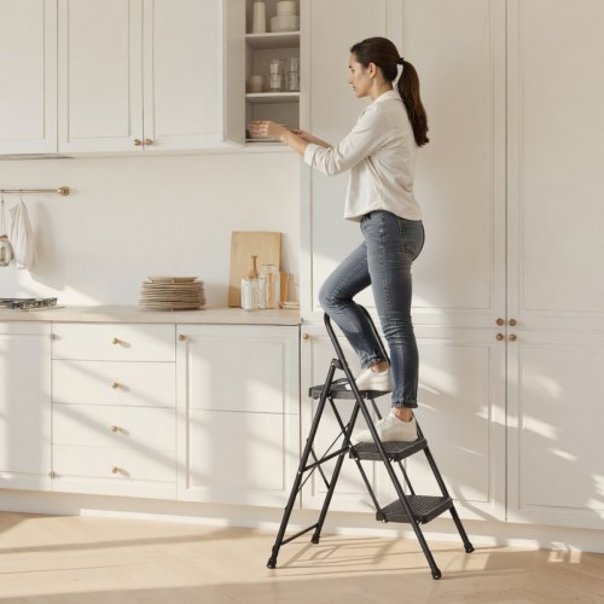 Σκάλα VEVOR 3 Step, Πτυσσόμενο σκαμπό με φαρδύ αντιολισθητικό πεντάλ και άνετη λαβή, ελαφριά φορητή ατσάλινη σκάλα χωρητικότητας 272 kg, πολλαπλών χρήσεων για κουζίνα, σπίτι, νοικοκυριό και γραφείο, Μαύρο