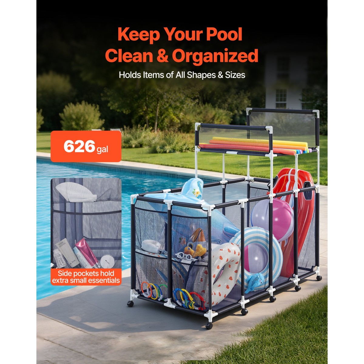 VEVOR Pool Storage Bin, 169 x 85 x 165 cm, Rolling Pool Float Storage Organizer με πλαϊνές τσέπες & ράφι βάσης για noodles, ανθεκτικό πλαστικό πλαίσιο, δικτυωτό καλάθι με παιχνίδια δίπλα στην πισίνα για πισίνες