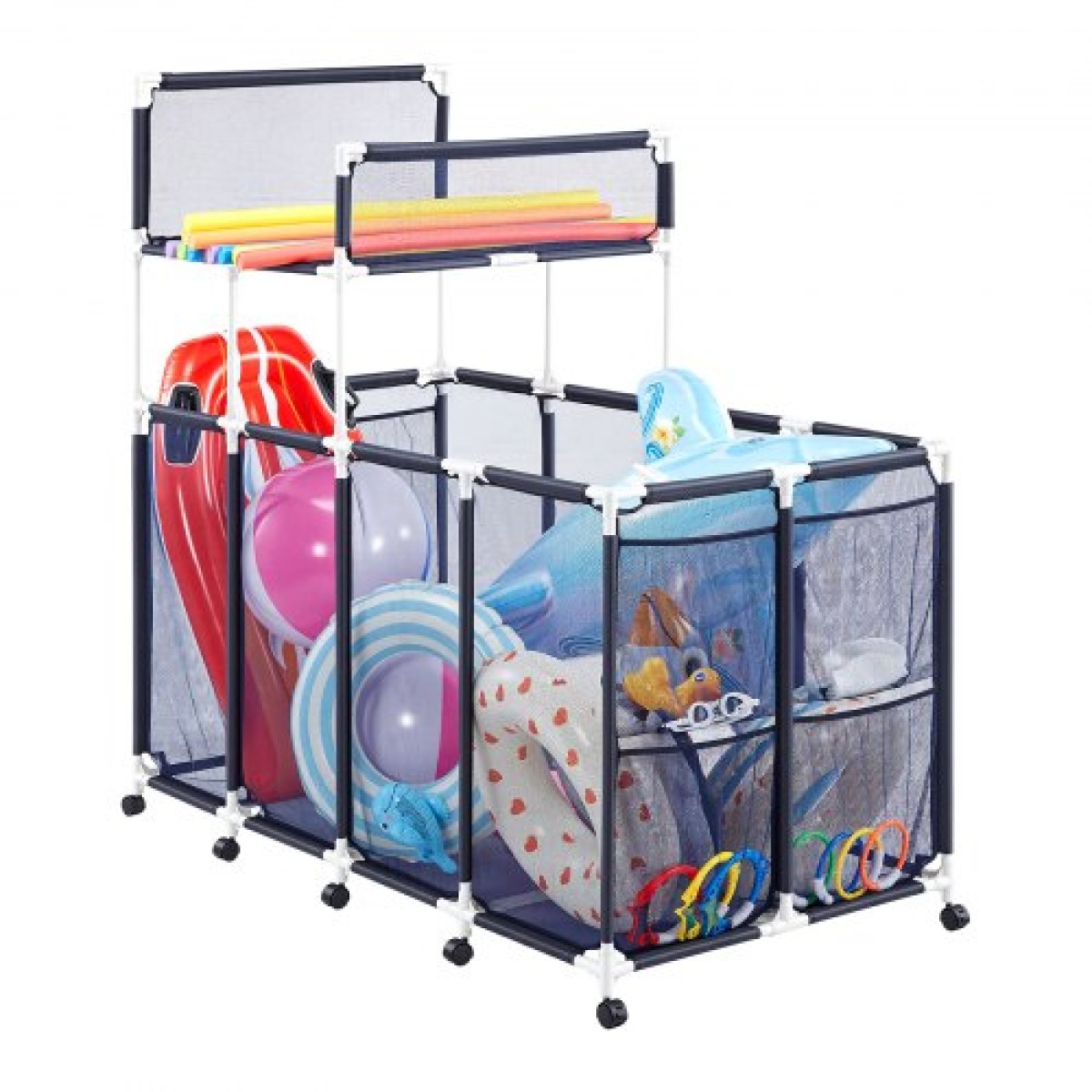 VEVOR Pool Storage Bin, 169 x 85 x 165 cm, Rolling Pool Float Storage Organizer με πλαϊνές τσέπες & ράφι βάσης για noodles, ανθεκτικό πλαστικό πλαίσιο, δικτυωτό καλάθι με παιχνίδια δίπλα στην πισίνα για πισίνες