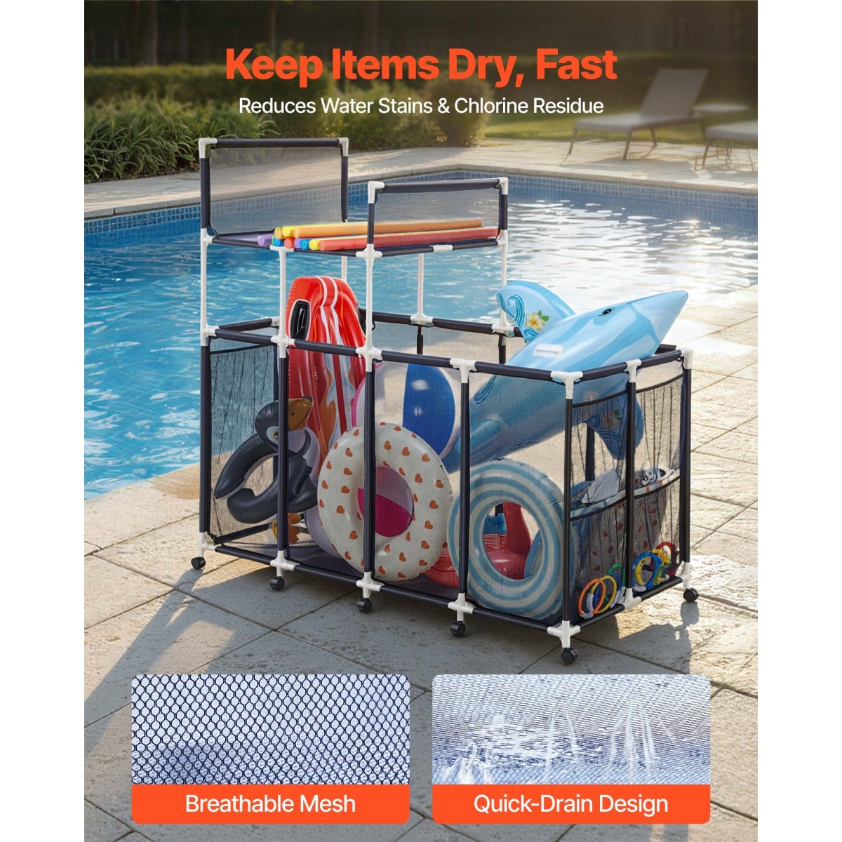 VEVOR Pool Storage Bin, 169 x 85 x 165 cm, Rolling Pool Float Storage Organizer με πλαϊνές τσέπες & ράφι βάσης για noodles, ανθεκτικό πλαστικό πλαίσιο, δικτυωτό καλάθι με παιχνίδια δίπλα στην πισίνα για πισίνες