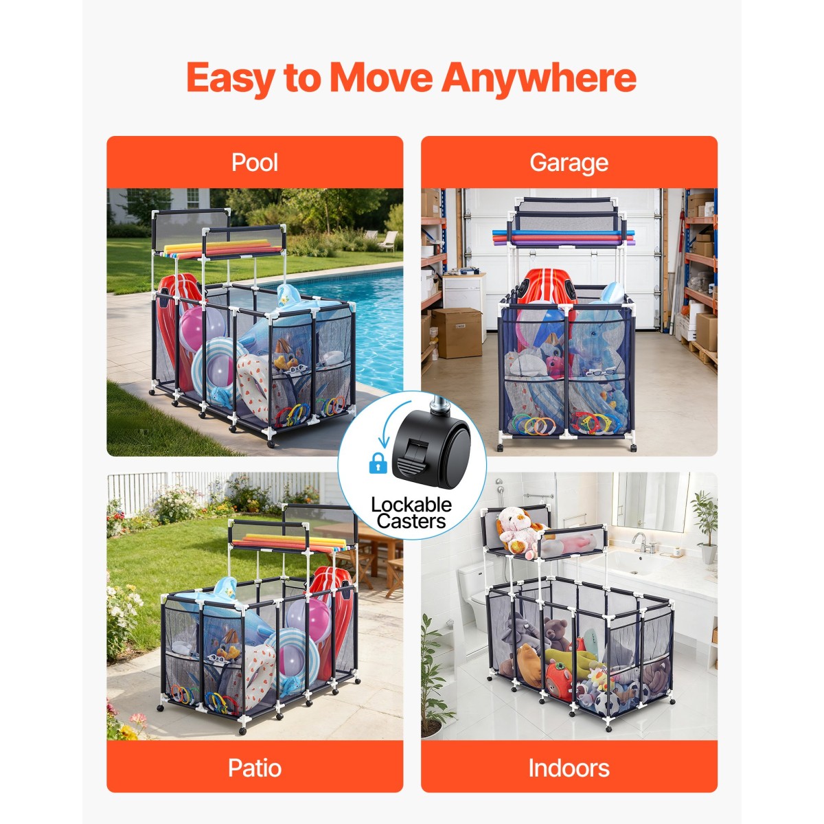 VEVOR Pool Storage Bin, 169 x 85 x 165 cm, Rolling Pool Float Storage Organizer με πλαϊνές τσέπες & ράφι βάσης για noodles, ανθεκτικό πλαστικό πλαίσιο, δικτυωτό καλάθι με παιχνίδια δίπλα στην πισίνα για πισίνες