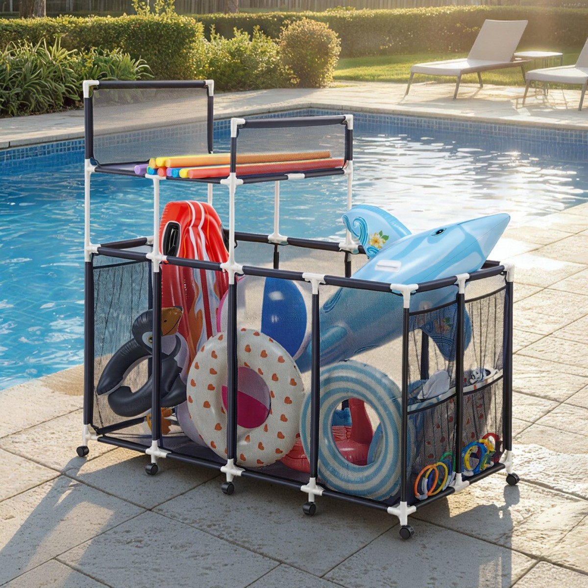 VEVOR Pool Storage Bin, 169 x 85 x 165 cm, Rolling Pool Float Storage Organizer με πλαϊνές τσέπες & ράφι βάσης για noodles, ανθεκτικό πλαστικό πλαίσιο, δικτυωτό καλάθι με παιχνίδια δίπλα στην πισίνα για πισίνες