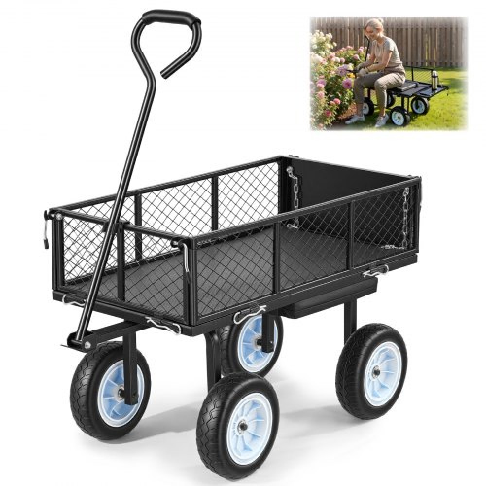 VEVOR Garden Cart with Seat, 226.8 kg, Rolling Steel Garden Work Seat with Wheels, Heavy Duty Gardening Stool, with Tool Tray & Adjustable Handle, Outdoor Yard Wagon, for Lawn, Patio, Backyard, Black