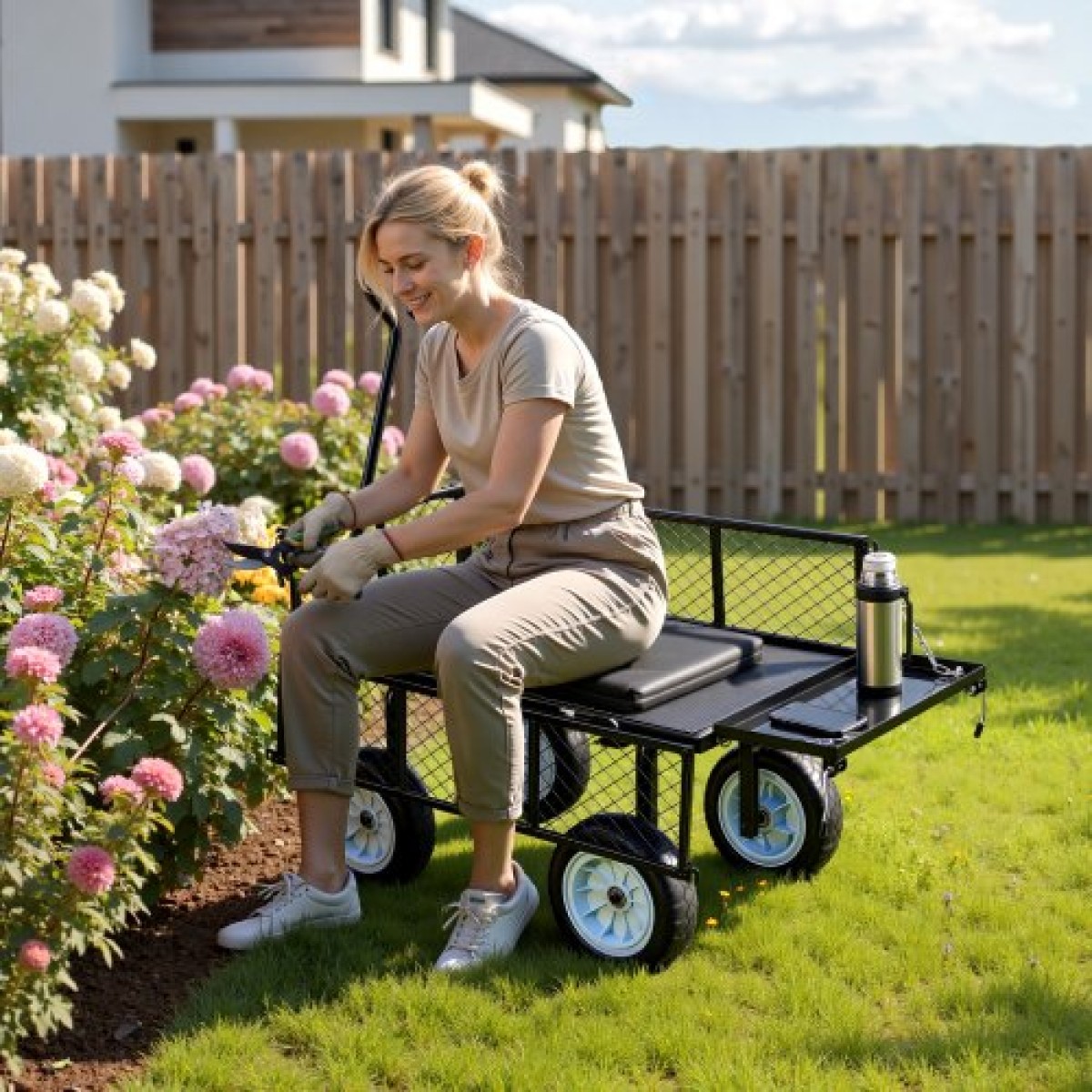 VEVOR Garden Cart με κάθισμα, 226,8 kg, Rolling Steel Garden Work κάθισμα με ρόδες, σκαμπό κηπουρικής βαρέως τύπου, με δίσκο εργαλείων & ρυθμιζόμενη λαβή, βαγόνι εξωτερικού χώρου για αυλή, για γκαζόν, βεράντα, πίσω αυλή, μαύρο
