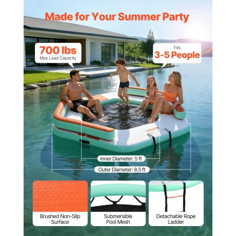 VEVOR Inflatable Floating Dock, 2.6 x 2.6 M Inflatable Dock Platform, Non-Slip Water Air Mat with Portable Carrying Bag and Detachable Ladder, Floating Water Platform Island Raft for Pool Beach Ocean