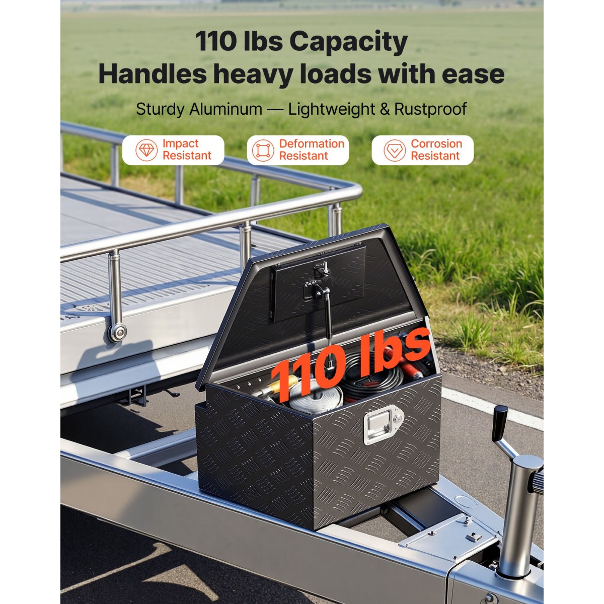 VEVOR Trailer Tongue Box, 660 x 330 x 305 mm Αλουμινένιο κουτί εργαλειοθήκης ρυμουλκούμενου ρυμουλκούμενου, Organizer αποθήκευσης βαρέως τύπου με κλειδαριά και κλειδιά, στήθος εργαλείων χρησιμότητας για κρεβάτι φορτηγών, RV, SUV, όχημα εκτός δρόμου, Μαύρο