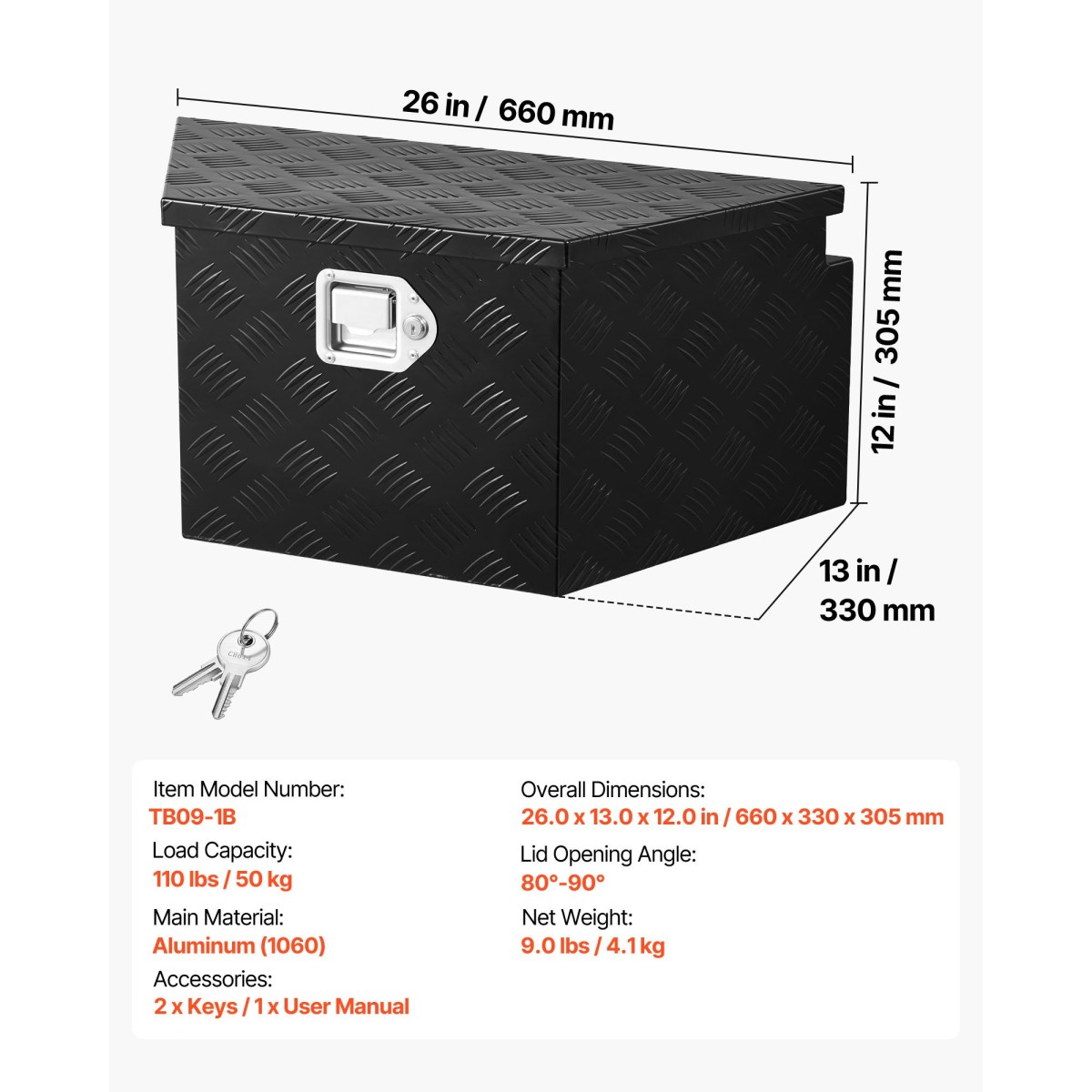 VEVOR Trailer Tongue Box, 660 x 330 x 305 mm Αλουμινένιο κουτί εργαλειοθήκης ρυμουλκούμενου ρυμουλκούμενου, Organizer αποθήκευσης βαρέως τύπου με κλειδαριά και κλειδιά, στήθος εργαλείων χρησιμότητας για κρεβάτι φορτηγών, RV, SUV, όχημα εκτός δρόμου, Μαύρο