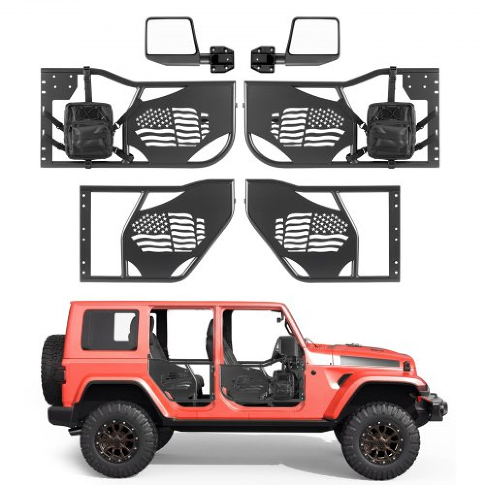 Πόρτες VEVOR Jeep Tube, 4-θυρες, συμβατές με Jeep Wrangler JK Unlimited 2007-2018, μισές σωληνωτές μπροστινές και πίσω πόρτες από χάλυβα εκτός δρόμου με πλευρικούς καθρέφτες πιστοποιημένους DOT, τσάντα αποθήκευσης και λαστιχένια μαξιλαράκια