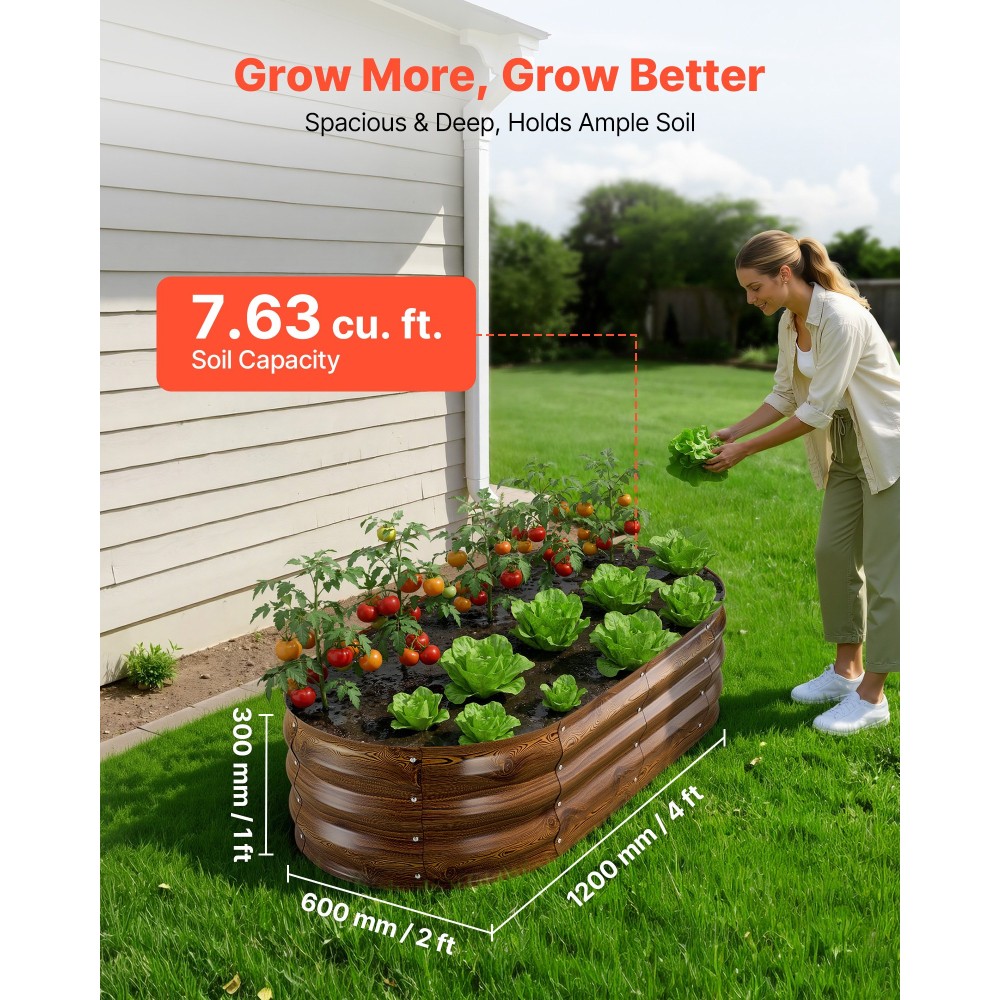 VEVOR 2 Pack Γαλβανισμένα υπερυψωμένα κρεβάτια κήπου, 1200 x 600 x 300 mm, Οβάλ μεταλλικά κουτιά φυτευτήρων εξωτερικού χώρου, κουτί κήπου χωρίς πάτο με γάντια, αλουμίνιο-ψευδάργυρος, για φύτευση λουλουδιών λαχανικών, βαθύ ξύλο