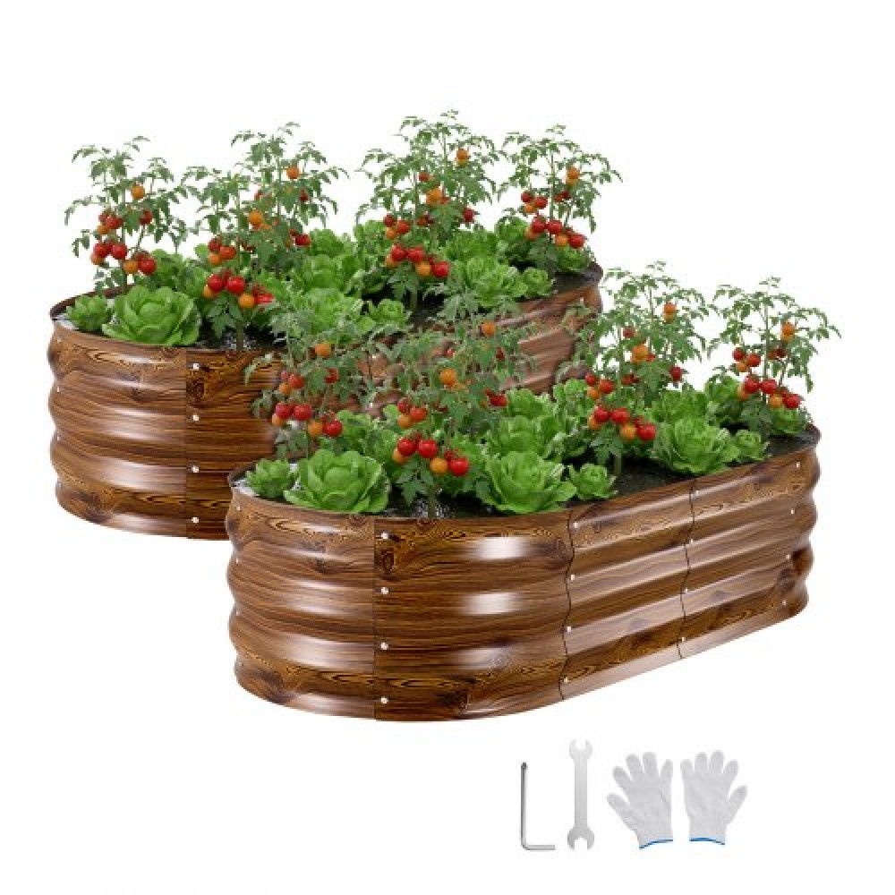VEVOR 2 Pack Γαλβανισμένα υπερυψωμένα κρεβάτια κήπου, 1200 x 600 x 300 mm, Οβάλ μεταλλικά κουτιά φυτευτήρων εξωτερικού χώρου, κουτί κήπου χωρίς πάτο με γάντια, αλουμίνιο-ψευδάργυρος, για φύτευση λουλουδιών λαχανικών, βαθύ ξύλο