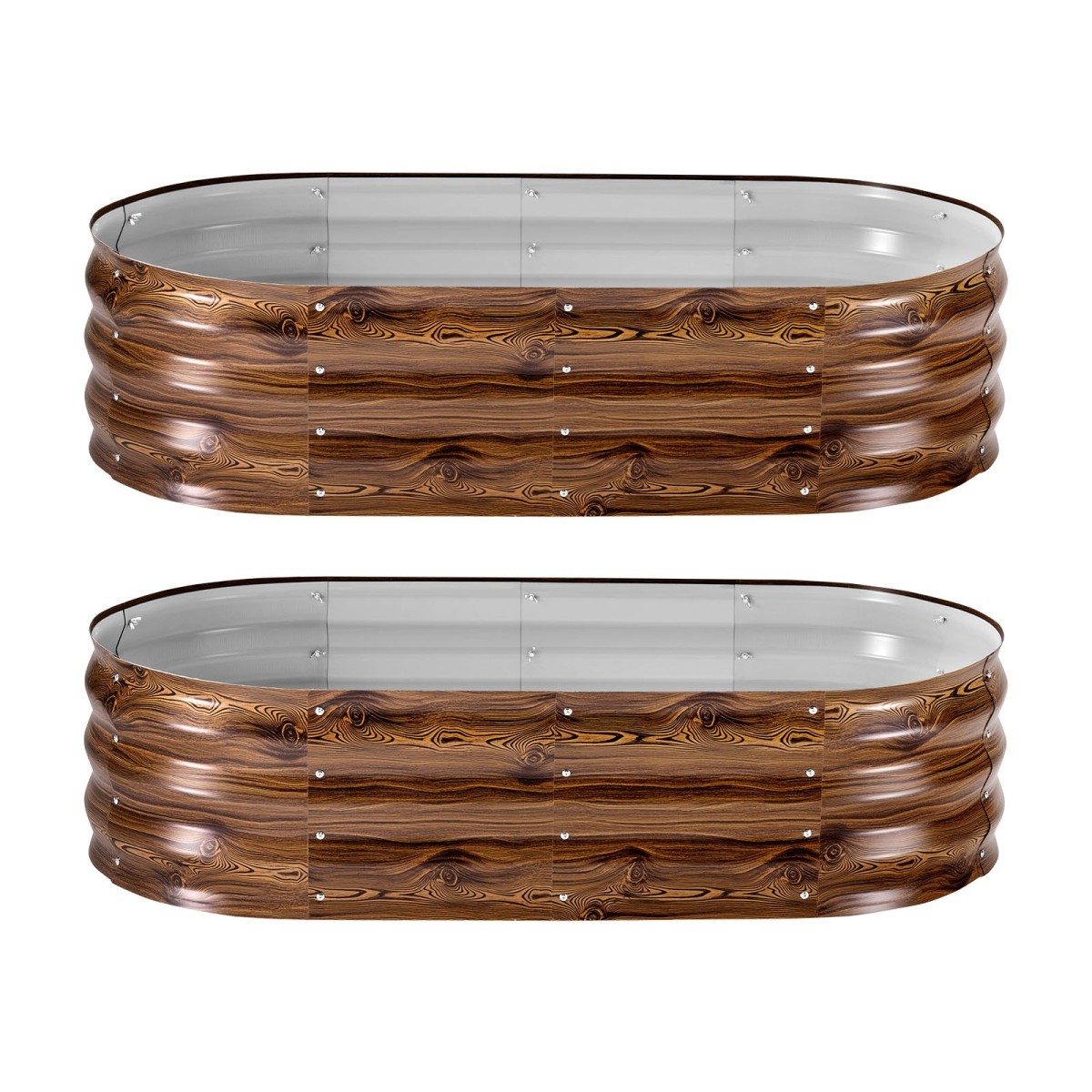 VEVOR 2 Pack Γαλβανισμένα υπερυψωμένα κρεβάτια κήπου, 1200 x 600 x 300 mm, Οβάλ μεταλλικά κουτιά φυτευτήρων εξωτερικού χώρου, κουτί κήπου χωρίς πάτο με γάντια, αλουμίνιο-ψευδάργυρος, για φύτευση λουλουδιών λαχανικών, βαθύ ξύλο