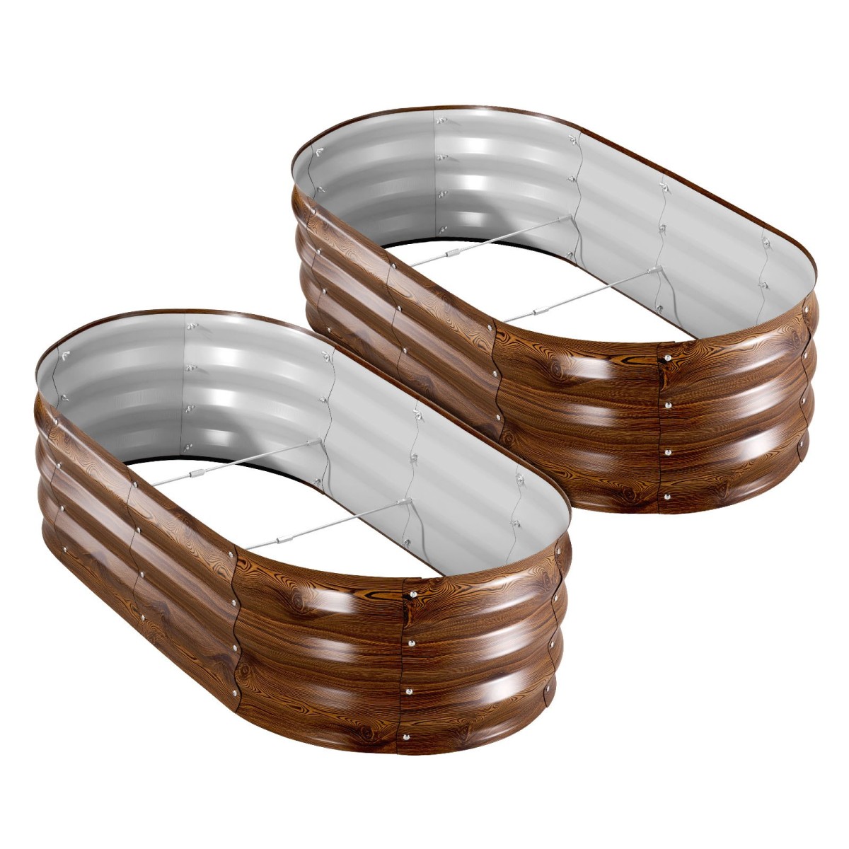 VEVOR 2 Pack Γαλβανισμένα υπερυψωμένα κρεβάτια κήπου, 1200 x 600 x 300 mm, Οβάλ μεταλλικά κουτιά φυτευτήρων εξωτερικού χώρου, κουτί κήπου χωρίς πάτο με γάντια, αλουμίνιο-ψευδάργυρος, για φύτευση λουλουδιών λαχανικών, βαθύ ξύλο