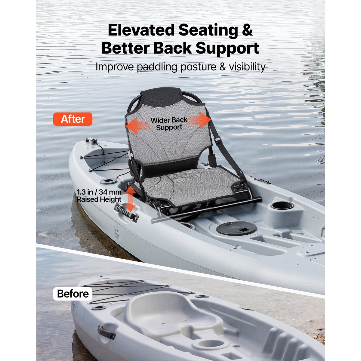 Κάθισμα VEVOR Kayak, 1 πακέτο 34 χιλ. Ανυψωμένου ύψους, Universal αναδιπλούμενο κάθισμα κανό με ρυθμιζόμενο στήριγμα πλάτης, ρυθμιζόμενους ιμάντες και πλαίσιο από κράμα αλουμινίου για κάθισμα στην κορυφή/ψάρεμα/φουσκωτό καγιάκ και κανό