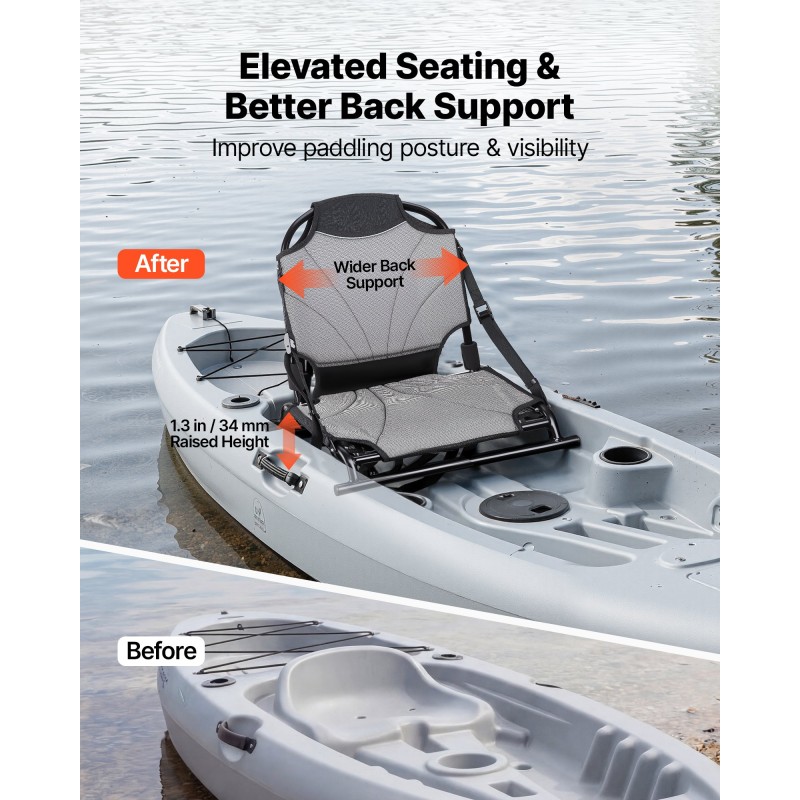 Κάθισμα VEVOR Kayak, 1 πακέτο 34 χιλ. Ανυψωμένου ύψους, Universal αναδιπλούμενο κάθισμα κανό με ρυθμιζόμενο στήριγμα πλάτης, ρυθμιζόμενους ιμάντες και πλαίσιο από κράμα αλουμινίου για κάθισμα στην κορυφή/ψάρεμα/φουσκωτό καγιάκ και κανό