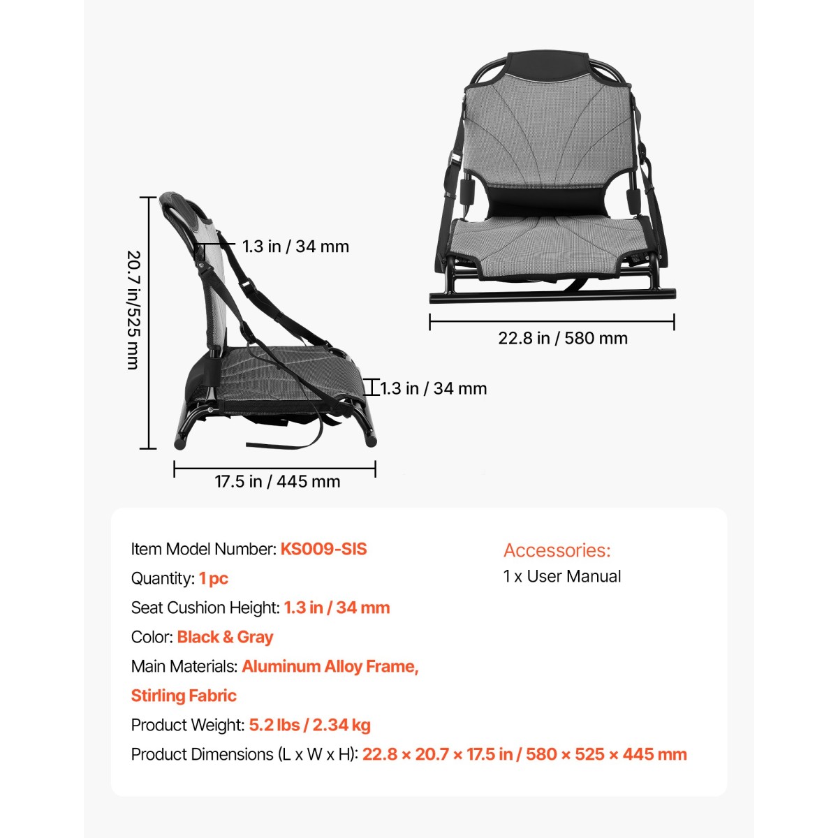 Κάθισμα VEVOR Kayak, 1 πακέτο 34 χιλ. Ανυψωμένου ύψους, Universal αναδιπλούμενο κάθισμα κανό με ρυθμιζόμενο στήριγμα πλάτης, ρυθμιζόμενους ιμάντες και πλαίσιο από κράμα αλουμινίου για κάθισμα στην κορυφή/ψάρεμα/φουσκωτό καγιάκ και κανό