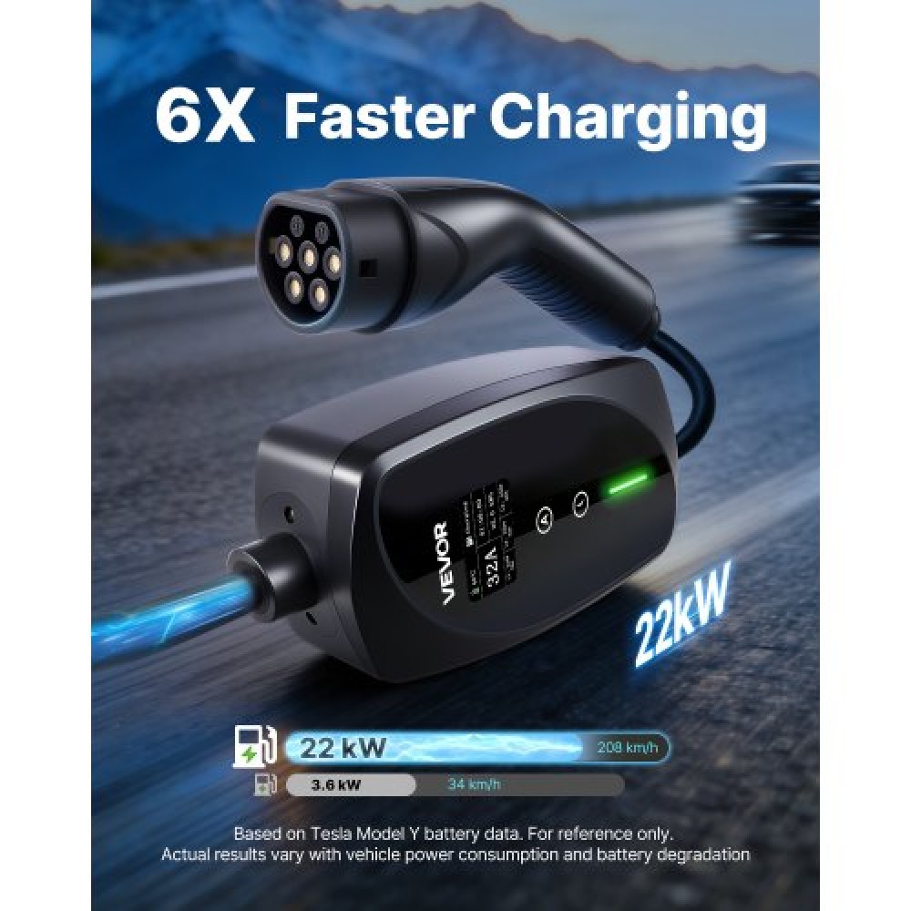 VEVOR Mobile Wallbox, 22 kW 32A, Type 2 Portable EV Charger, 3 Phase Electric Vehicle Car Charger with 7 m Charging Cable, CEE32 Plug, LCD Screen, Adjustable EV Charging Station, IP66 Control Box