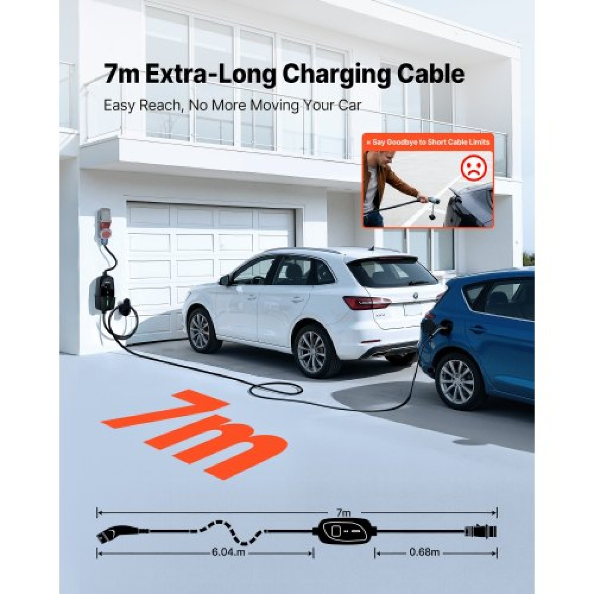 VEVOR Mobile Wallbox, 22 kW 32A, Φορητός φορτιστής EV Τύπου 2, Φορτιστής αυτοκινήτου ηλεκτρικού οχήματος 3 φάσεων με καλώδιο φόρτισης 7 m, βύσμα CEE32, οθόνη LCD, ρυθμιζόμενος σταθμός φόρτισης EV, κιβώτιο ελέγχου IP66