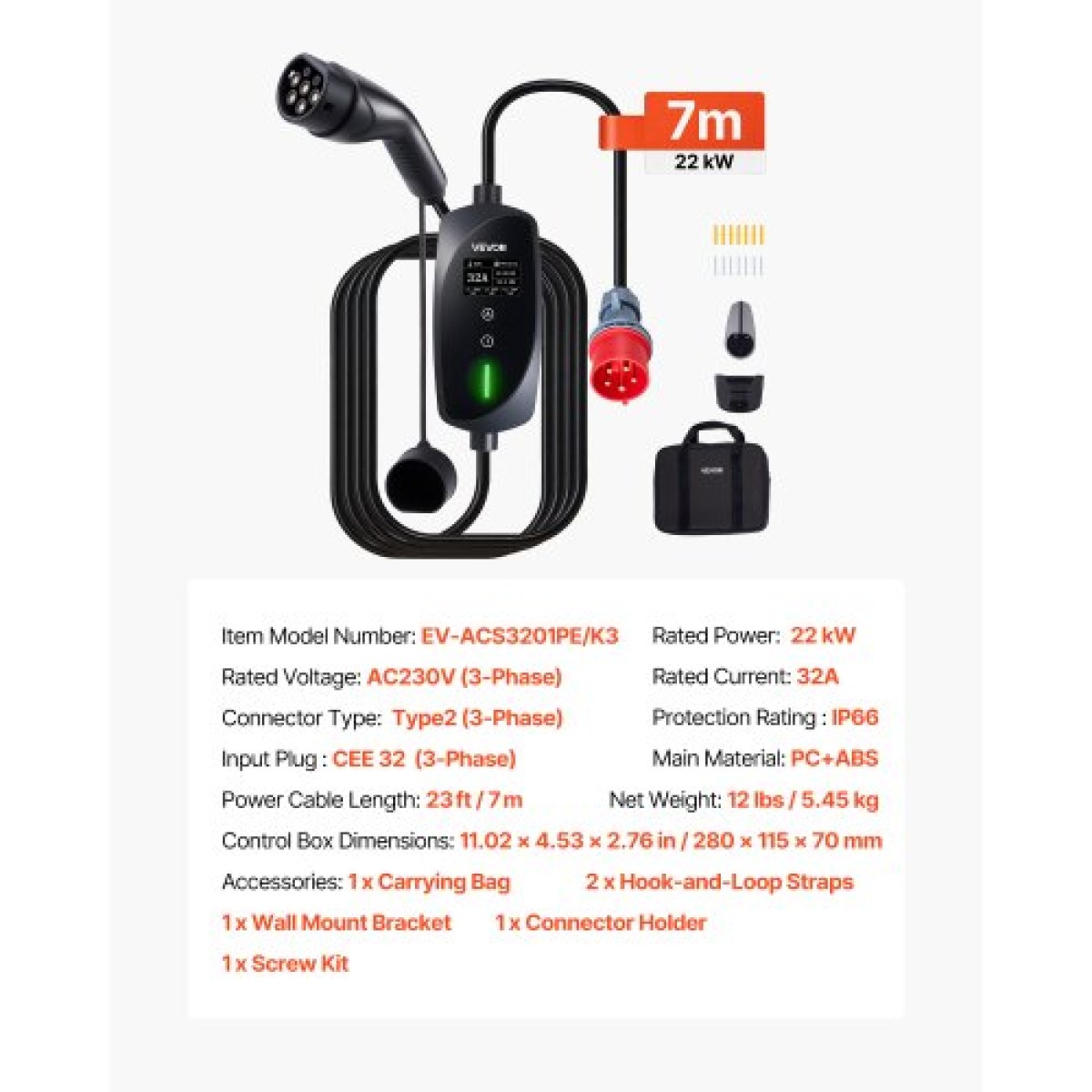 VEVOR Mobile Wallbox, 22 kW 32A, Φορητός φορτιστής EV Τύπου 2, Φορτιστής αυτοκινήτου ηλεκτρικού οχήματος 3 φάσεων με καλώδιο φόρτισης 7 m, βύσμα CEE32, οθόνη LCD, ρυθμιζόμενος σταθμός φόρτισης EV, κιβώτιο ελέγχου IP66