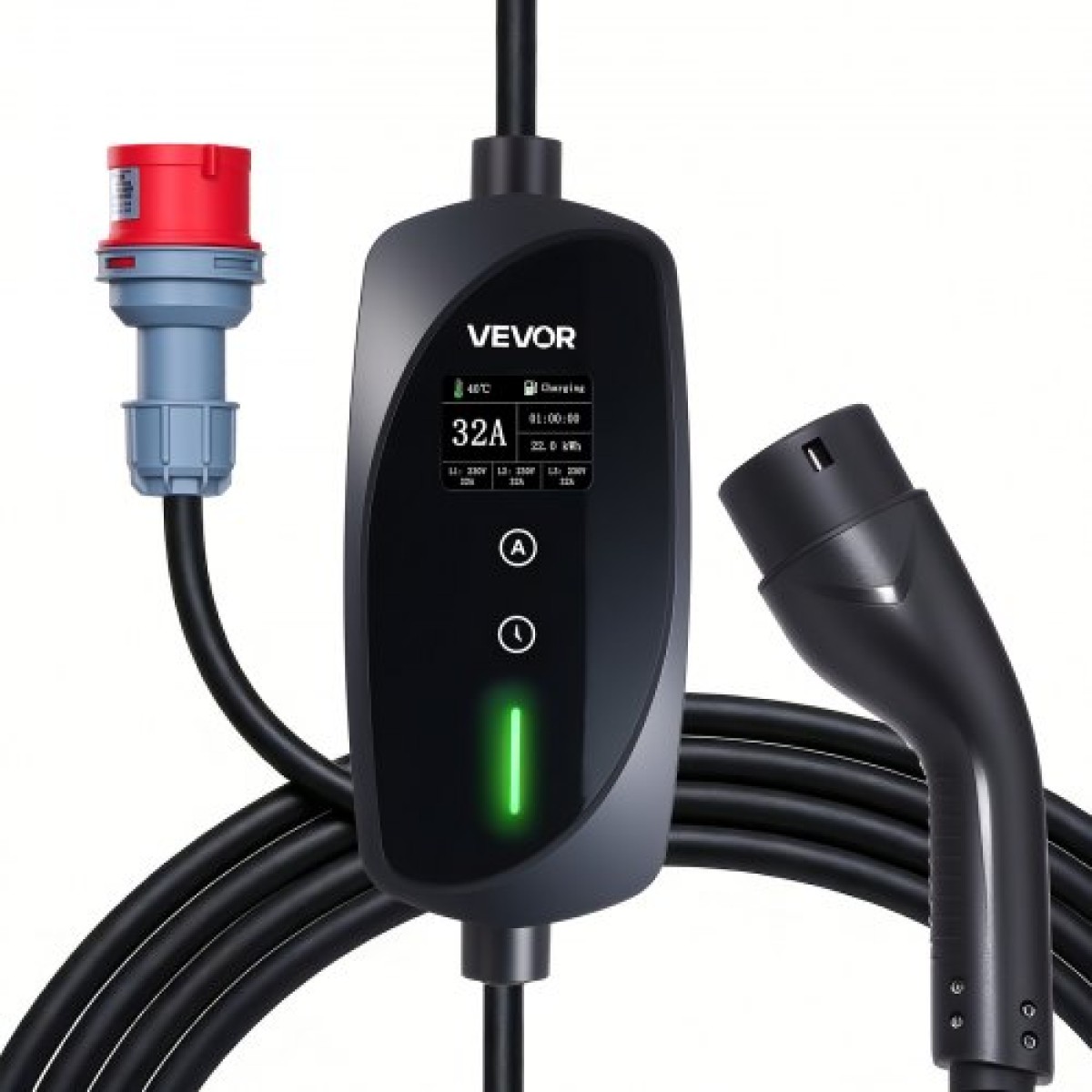 VEVOR Mobile Wallbox, 22 kW 32A, Φορητός φορτιστής EV Τύπου 2, Φορτιστής αυτοκινήτου ηλεκτρικού οχήματος 3 φάσεων με καλώδιο φόρτισης 7 m, βύσμα CEE32, οθόνη LCD, ρυθμιζόμενος σταθμός φόρτισης EV, κιβώτιο ελέγχου IP66