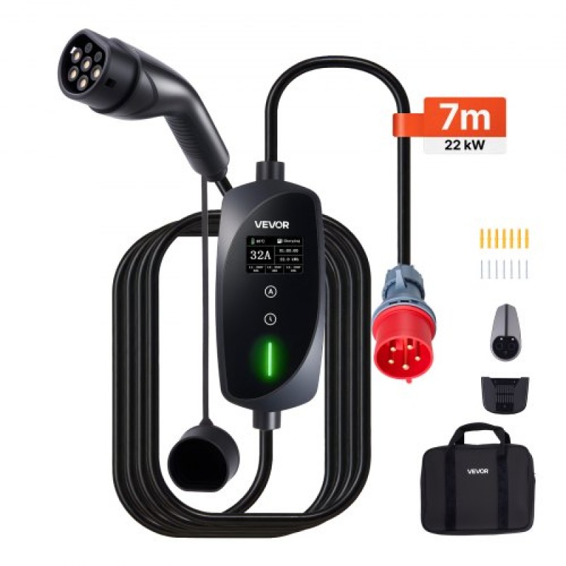 VEVOR Mobile Wallbox, 22 kW 32A, Φορητός φορτιστής EV Τύπου 2, Φορτιστής αυτοκινήτου ηλεκτρικού οχήματος 3 φάσεων με καλώδιο φόρτισης 7 m, βύσμα CEE32, οθόνη LCD, ρυθμιζόμενος σταθμός φόρτισης EV, κιβώτιο ελέγχου IP66