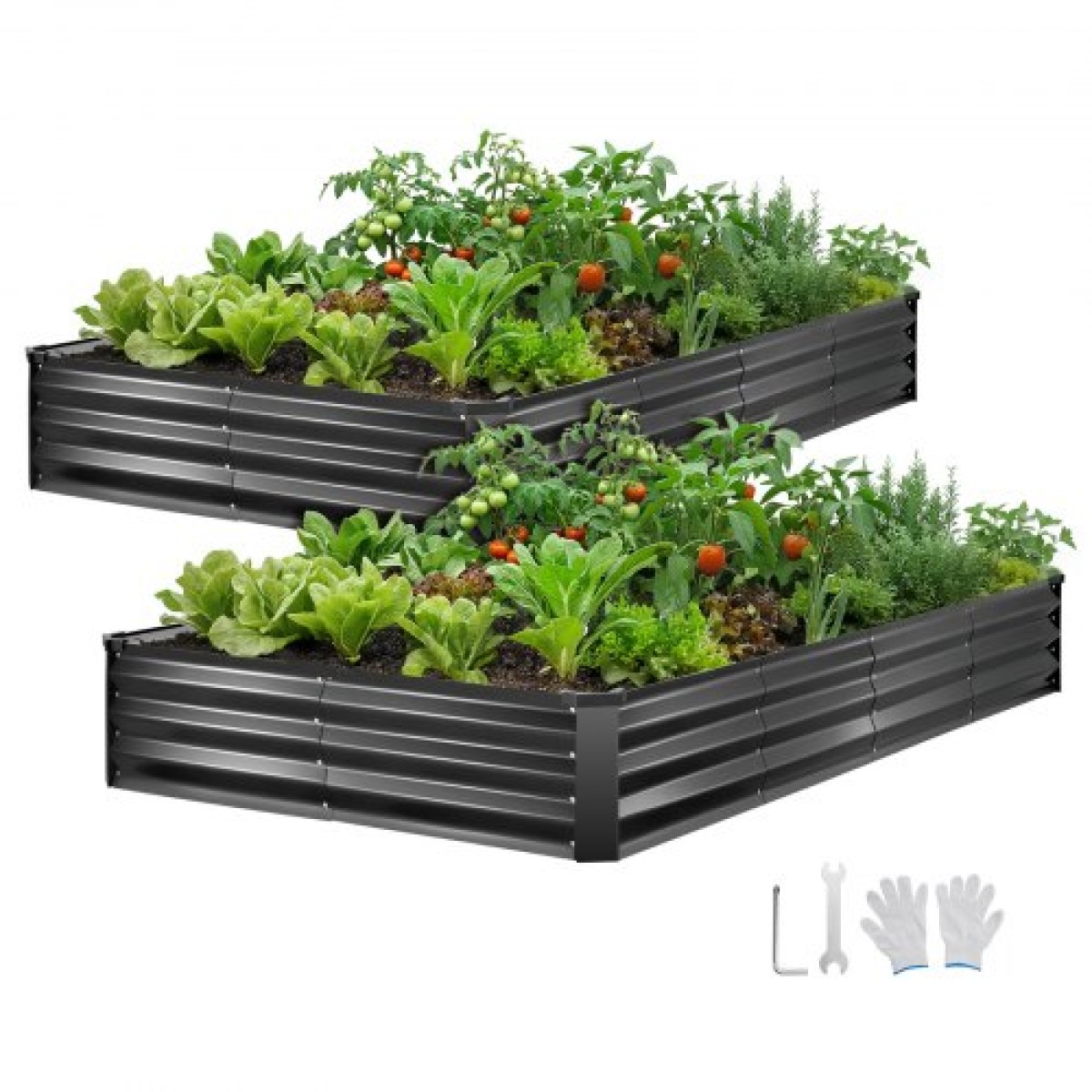 VEVOR 2 Pack Γαλβανισμένα υπερυψωμένα κρεβάτια κήπου, 2400 x 1200 x 300 mm, Ορθογώνια μεταλλικά κουτιά φυτευτήρων κιτ εξωτερικού χώρου, υπερυψωμένο κουτί φύτευσης με γάντια, Alu-Zinc, για καλλιέργεια λουλουδιών λαχανικών, σκούρο γκρι