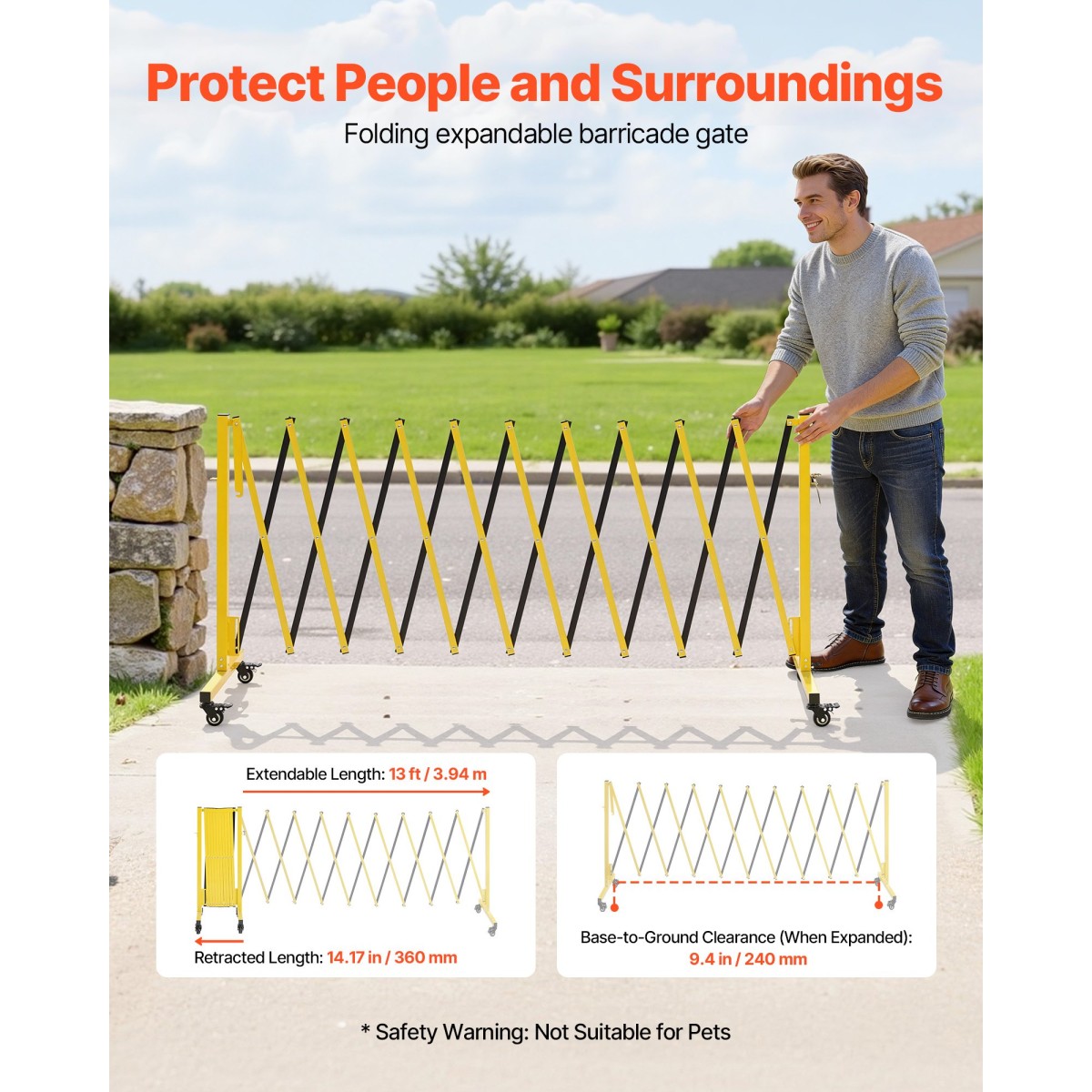 VEVOR Industrial Expandable Barricade, 3,94m Expandable Safety Barricade, Flaxible Mobile Barricade with Locking Casters, Portable Folding Gate Security Traffic Fence for Driveway Warehouse Elevator