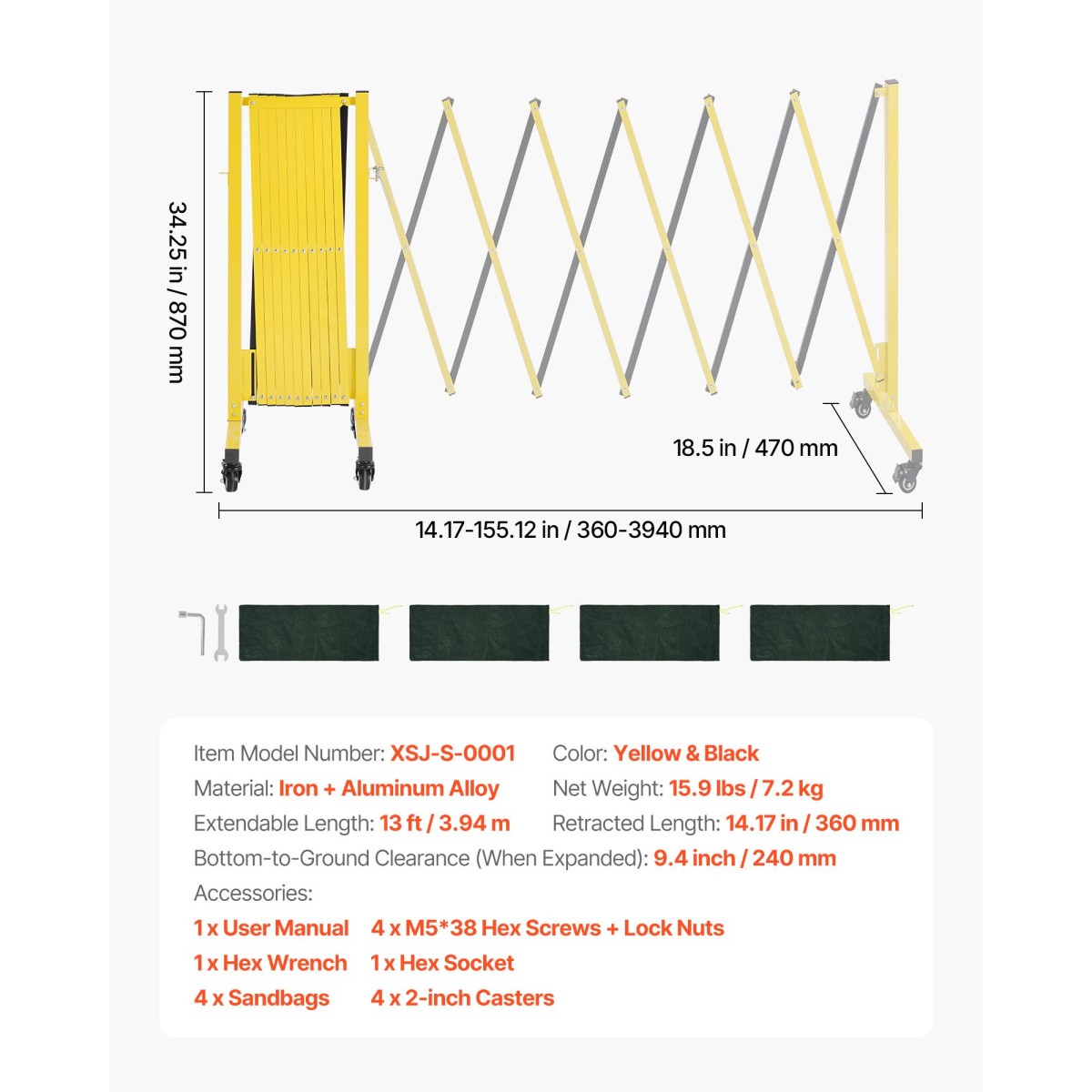 VEVOR Industrial Expandable Barricade, 3,94m Expandable Safety Barricade, Flaxible Mobile Barricade with Locking Casters, Portable Folding Gate Security Traffic Fence for Driveway Warehouse Elevator