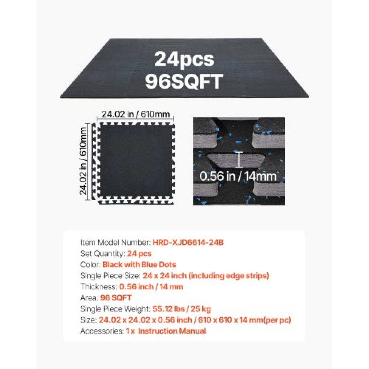 VEVOR Puzzle Exercise Mats, 24 ΤΕΜ Χατάκια εξοπλισμού γυμναστικής, 610 x 610 x 14 mm, σετ υψηλής πυκνότητας αφρού EVA, μαλακά πλακάκια από καουτσούκ, προστατευτική επένδυση δαπέδου με μπλε κουκκίδες για το γραφείο γυμναστικής στο σπίτι