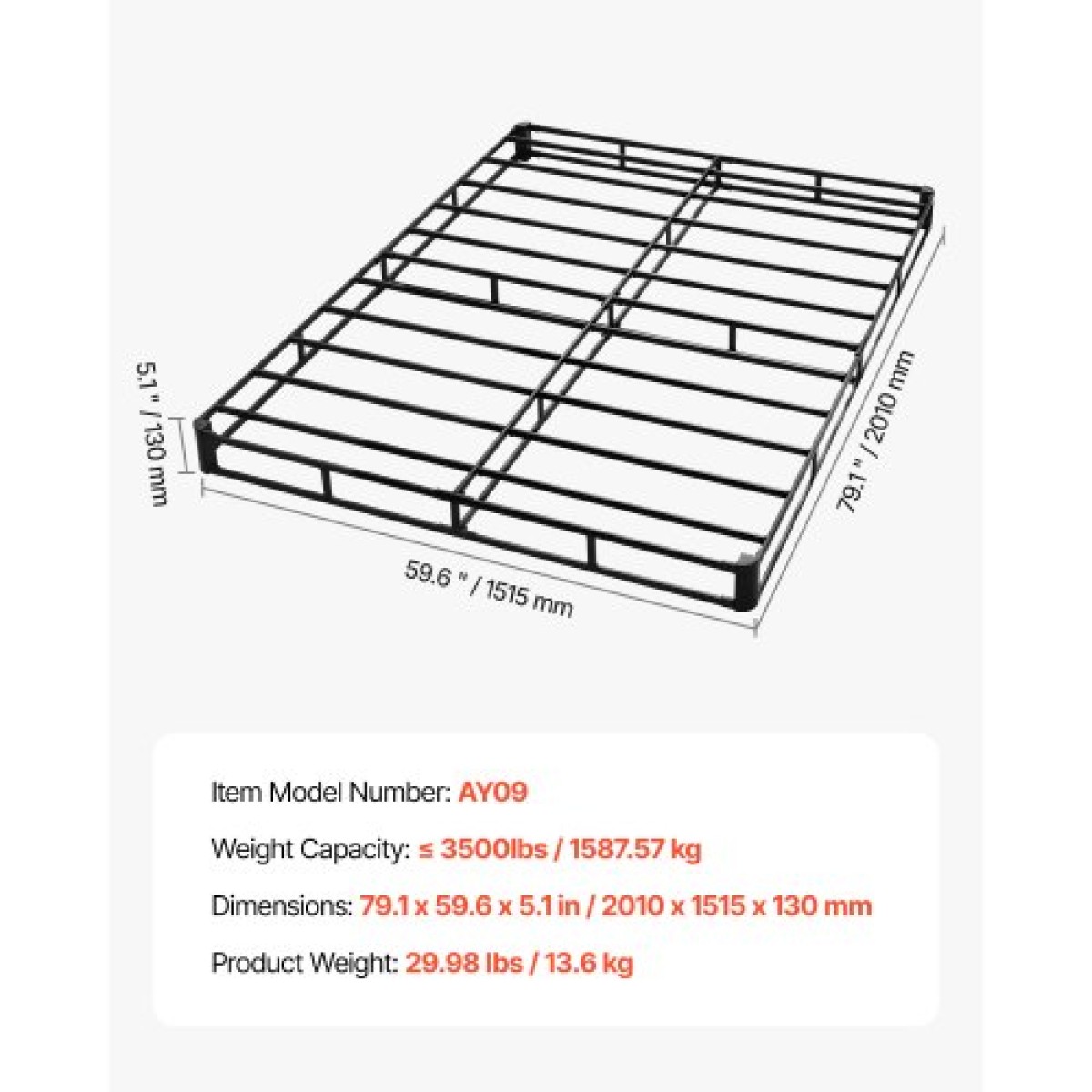 Ελατήριο VEVOR Box, Πλαίσιο κρεβατιού Queen Size με υφασμάτινο ύφασμα που πλένεται, μεταλλικό σκελετό βαρέως τύπου για κρεβάτι Queen, 130 mm Θεμέλιο στρώματος, 1587,57 kg Μέγιστο βάρος χωρητικότητας, Εύκολη συναρμολόγηση, 2010 x 1515 x 130 mm