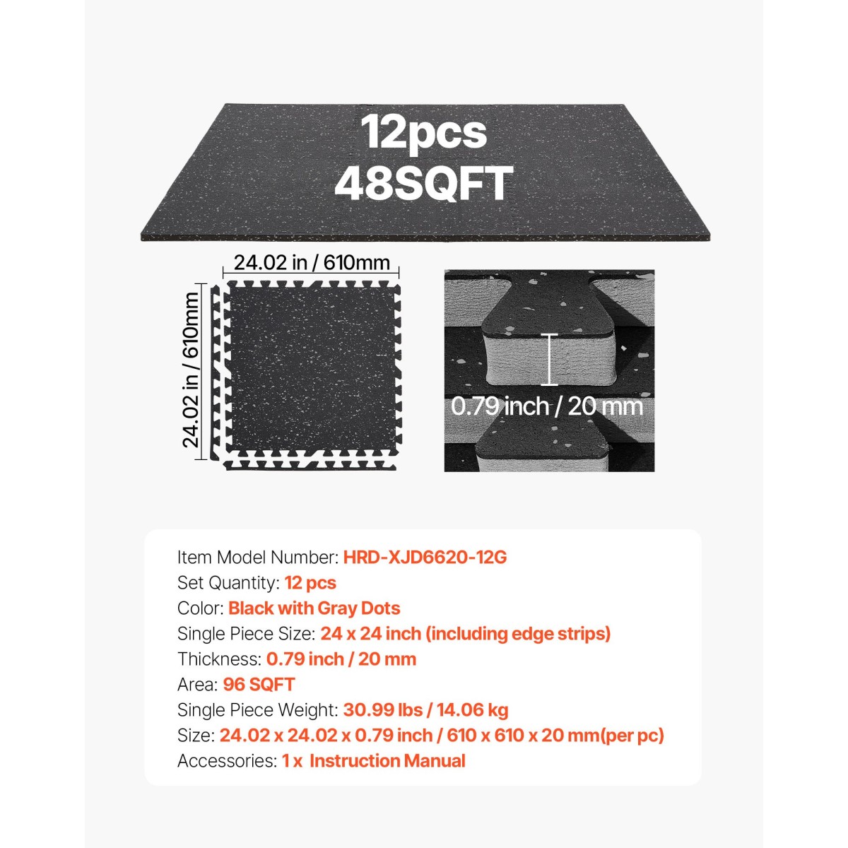 VEVOR Puzzle Exercise Mats, 12 ΤΕΜ Χατάκια εξοπλισμού γυμναστικής, 610 x 610 x 20 mm, Σετ πατάκια αφρού EVA υψηλής πυκνότητας, μαλακά πλακάκια από καουτσούκ, προστατευτική επένδυση δαπέδου με γκρι κουκκίδες για οικιακό γυμναστήριο