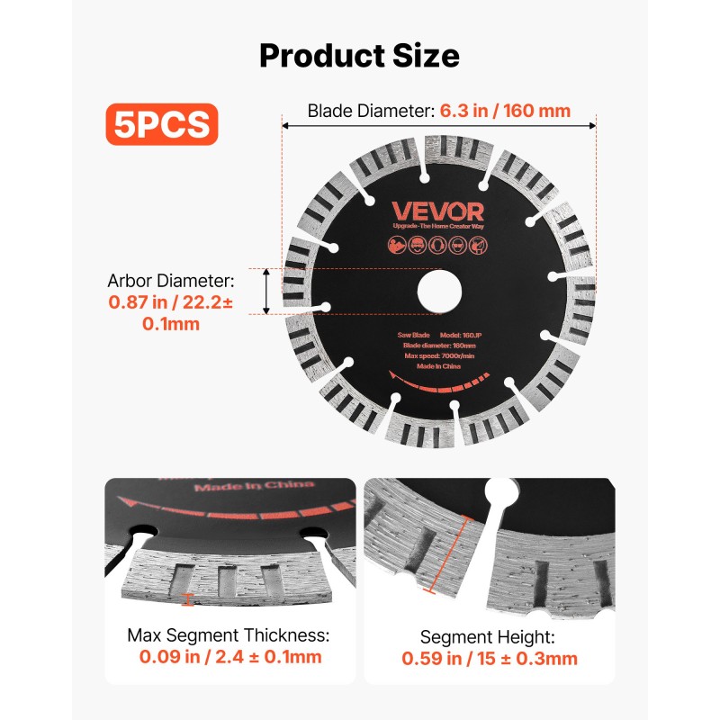 VEVOR Diamond Blades 160 mm, 5 Pack Wall Chaser Saw Λεπίδα κοπής, Arbor 22,2 mm, Διαμαντένια τμήματα υψηλής σκληρότητας, Πυρήνας χάλυβα 65Mn, Ξηρά υγρή κοπή, Καθαρές άκρες για τσιμέντο από τσιμέντο από τούβλα
