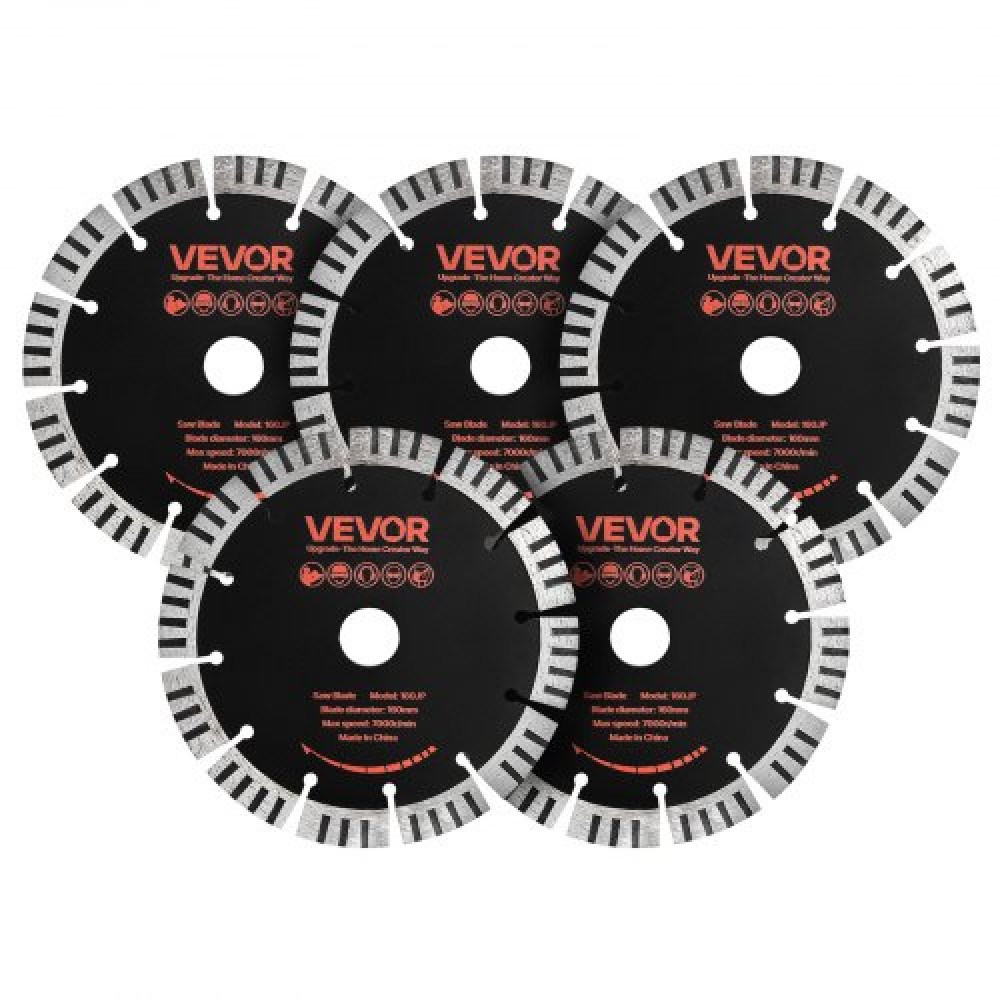 VEVOR Diamond Blades 160 mm, 5 Pack Wall Chaser Saw Λεπίδα κοπής, Arbor 22,2 mm, Διαμαντένια τμήματα υψηλής σκληρότητας, Πυρήνας χάλυβα 65Mn, Ξηρά υγρή κοπή, Καθαρές άκρες για τσιμέντο από τσιμέντο από τούβλα