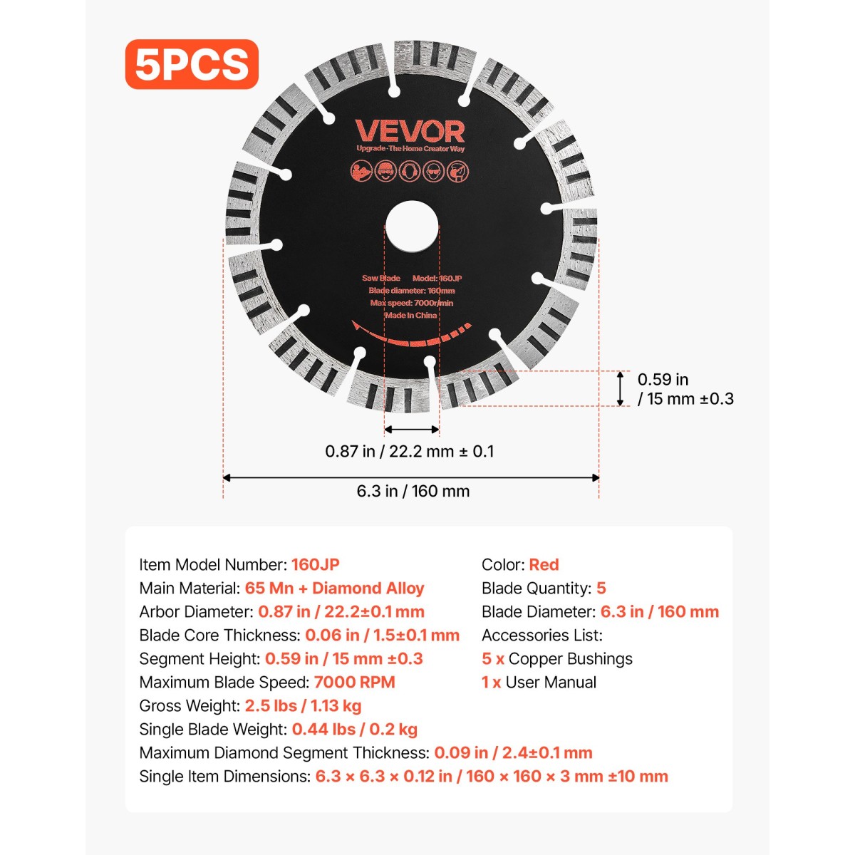 VEVOR Diamond Blades 160 mm, 5 Pack Wall Chaser Saw Λεπίδα κοπής, Arbor 22,2 mm, Διαμαντένια τμήματα υψηλής σκληρότητας, Πυρήνας χάλυβα 65Mn, Ξηρά υγρή κοπή, Καθαρές άκρες για τσιμέντο από τσιμέντο από τούβλα