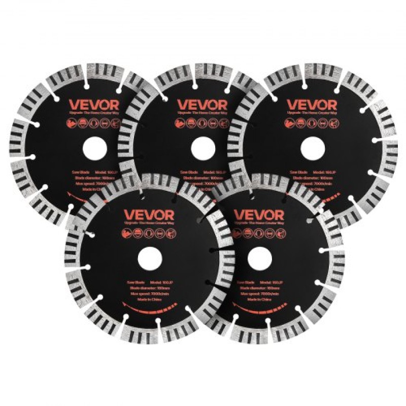 VEVOR Diamond Blades 160 mm, 5 Pack Wall Chaser Saw Λεπίδα κοπής, Arbor 22,2 mm, Διαμαντένια τμήματα υψηλής σκληρότητας, Πυρήνας χάλυβα 65Mn, Ξηρά υγρή κοπή, Καθαρές άκρες για τσιμέντο από τσιμέντο από τούβλα