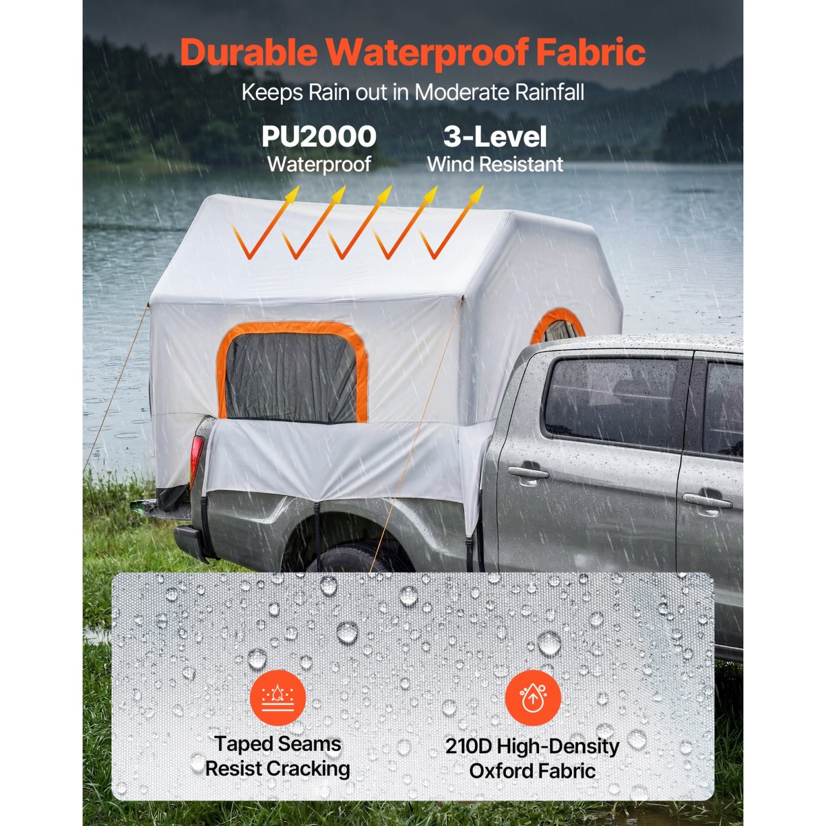 Φουσκωτή σκηνή Pickup Truck VEVOR, 2,2 x 1,65m Τέντα φορτηγών 3 εποχών με αεριζόμενα δικτυωτά παράθυρα, PU2000mm αδιάβροχες σκηνές κάμπινγκ Pickup για υπαίθριες δραστηριότητες πεζοπορίας - Περιλαμβάνεται η αντλία αέρα