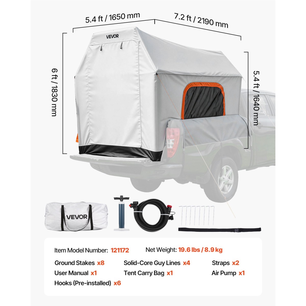 Φουσκωτή σκηνή Pickup Truck VEVOR, 2,2 x 1,65m Τέντα φορτηγών 3 εποχών με αεριζόμενα δικτυωτά παράθυρα, PU2000mm αδιάβροχες σκηνές κάμπινγκ Pickup για υπαίθριες δραστηριότητες πεζοπορίας - Περιλαμβάνεται η αντλία αέρα