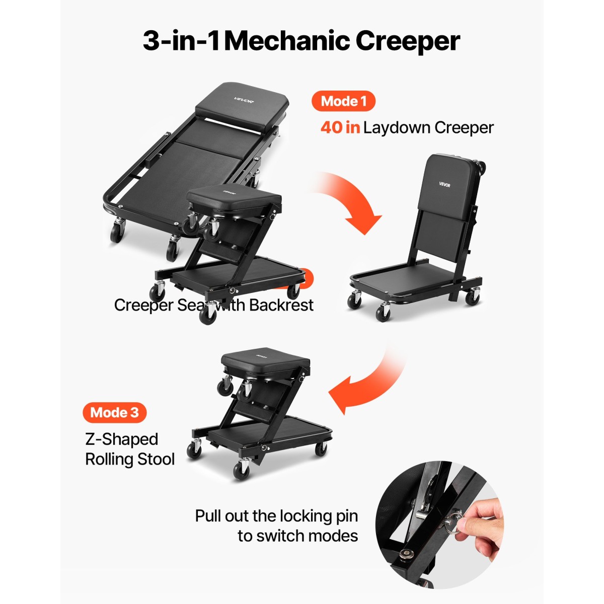 VEVOR 1015mm 3-σε-1 Folding Mechanic Creeper, Heavy Duty Z-Creeper Garage Roller, 218 kg Under Car Rolling Creeper με 6 περιστρεφόμενους τροχούς, Κάθισμα με επένδυση για επισκευή αυτοκινήτου
